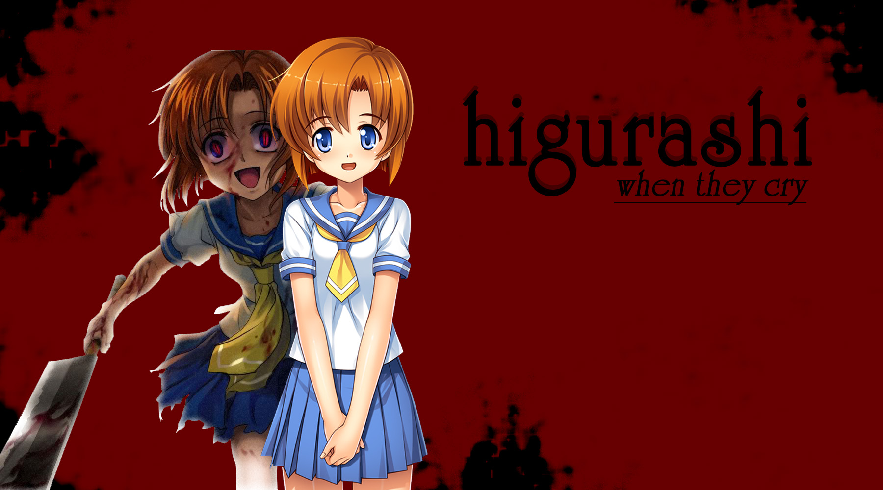 Anime 1800x1000 Higurashi No Naku Koro Ni Ryuuguu Rena red background horror blood anime girls anime blue eyes skirt
