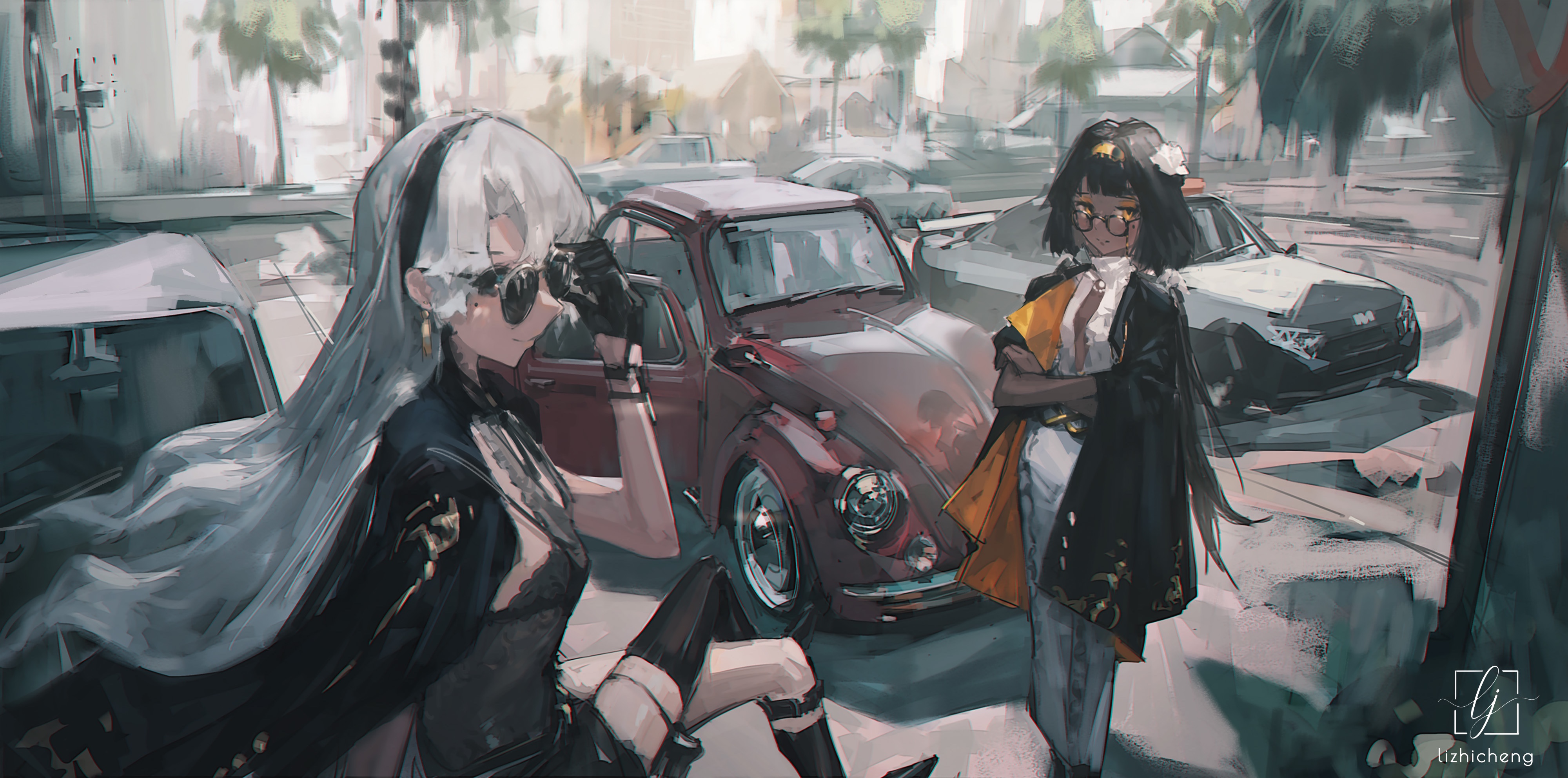 Anime 4000x1986 anime girls women with cars Zygo silver hair