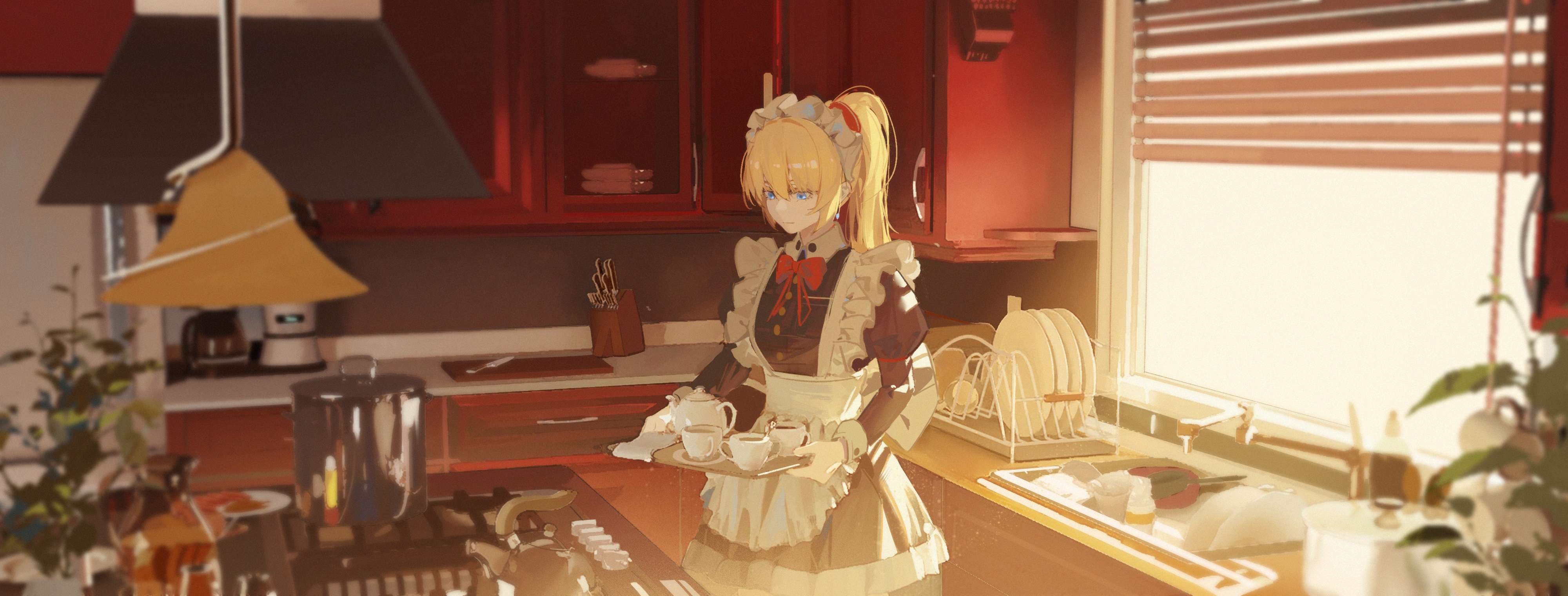 Anime 4000x1520 anime anime girls kitchen cup hotplate (Machine) pot (tools) women indoors blonde maid maid outfit sink Exhaust Hood