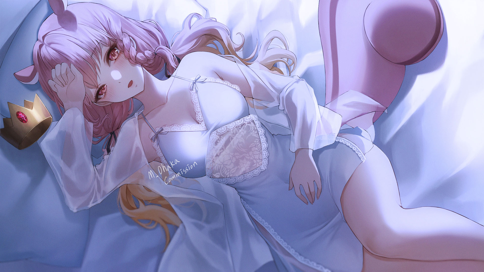 Anime 1920x1080 anime anime girls nightgown crown watermarked long hair looking at viewer
