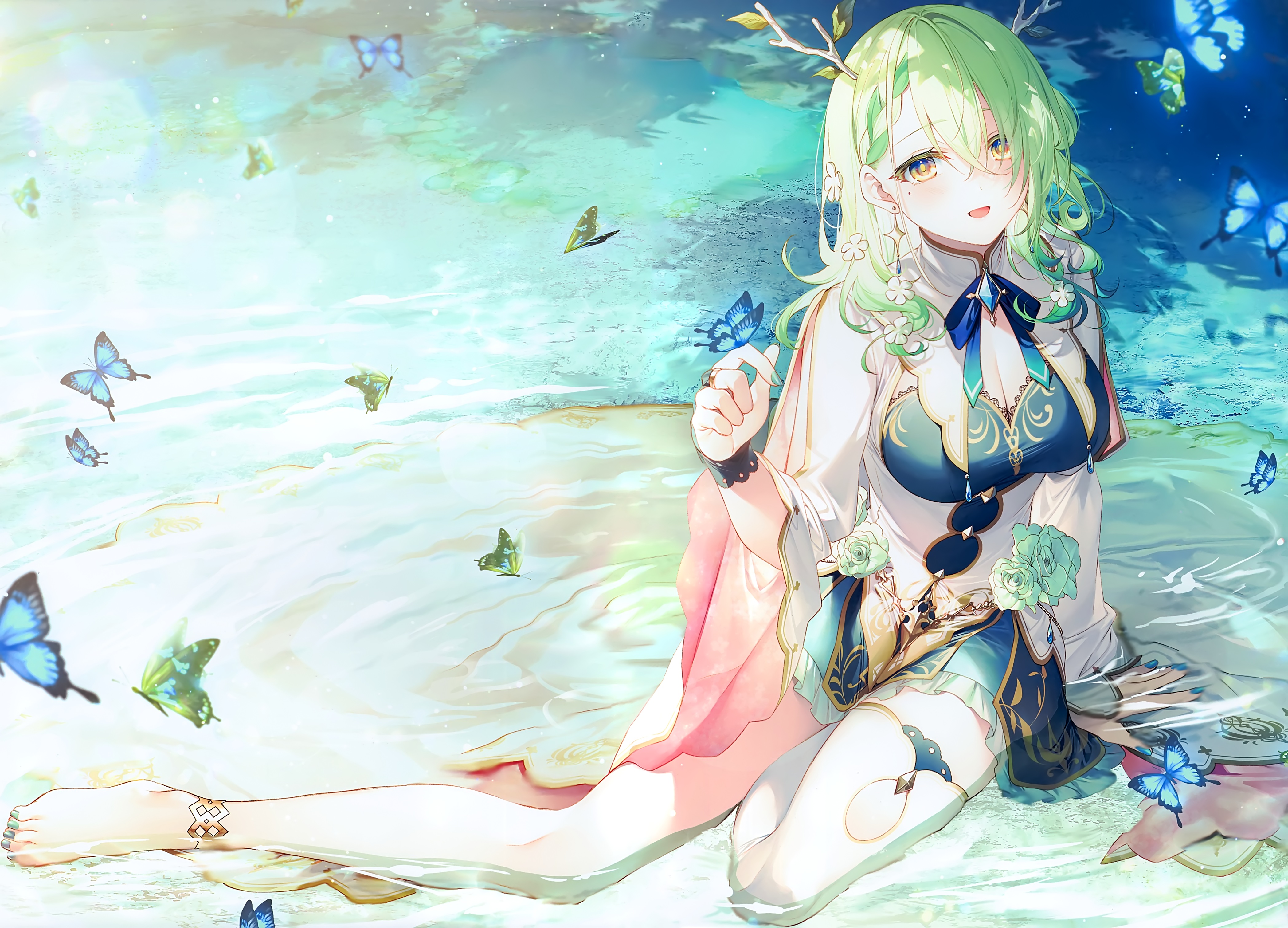 Anime 4193x3020 fantasy girl green hair butterfly animals insect yellow eyes Hololive Virtual Youtuber Ceres Fauna