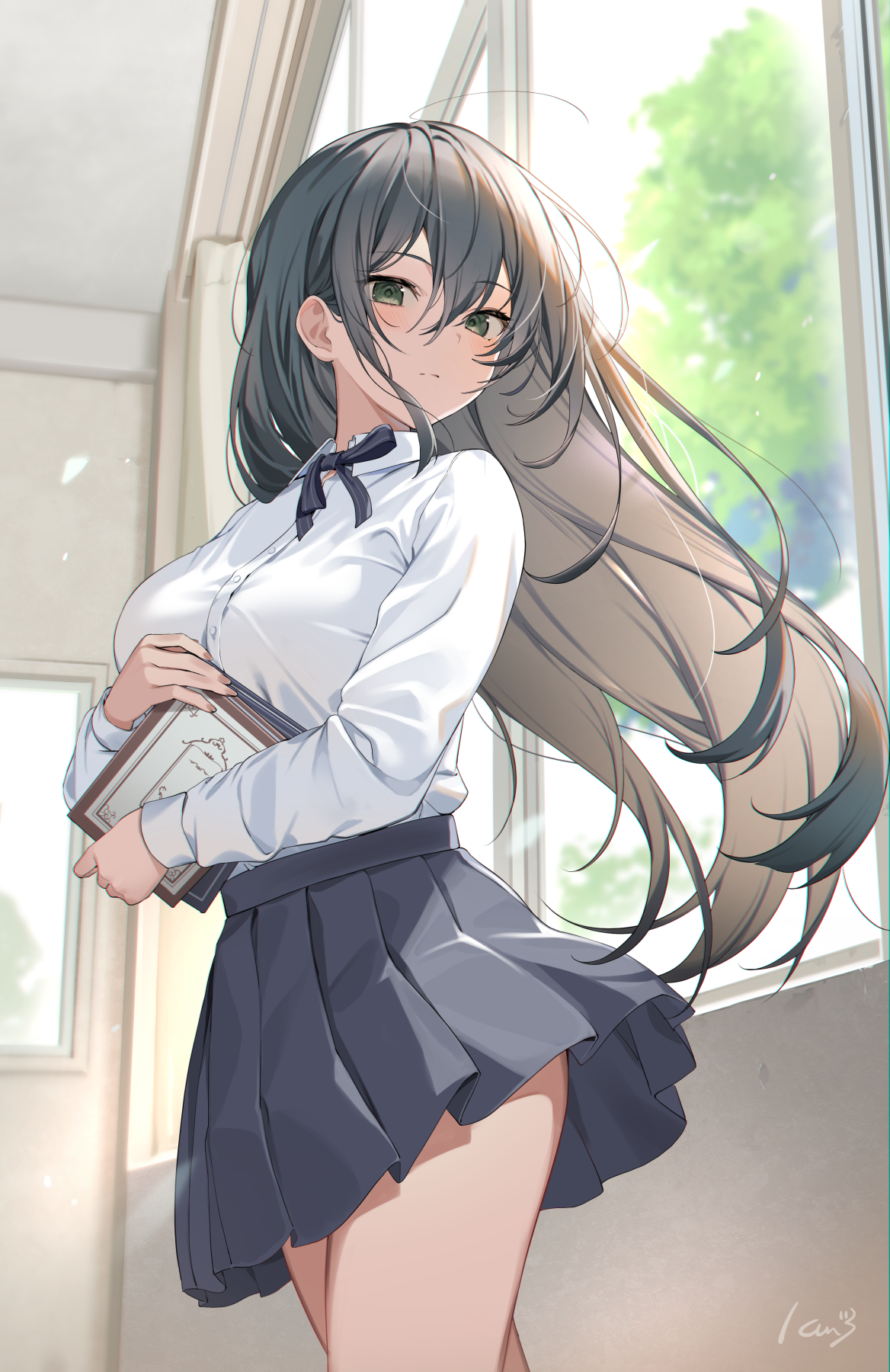 Anime 1168x1800 anime anime girls skirt long hair big boobs thighs looking at viewer standing women indoors green eyes dark hair upskirt artwork Icomochi