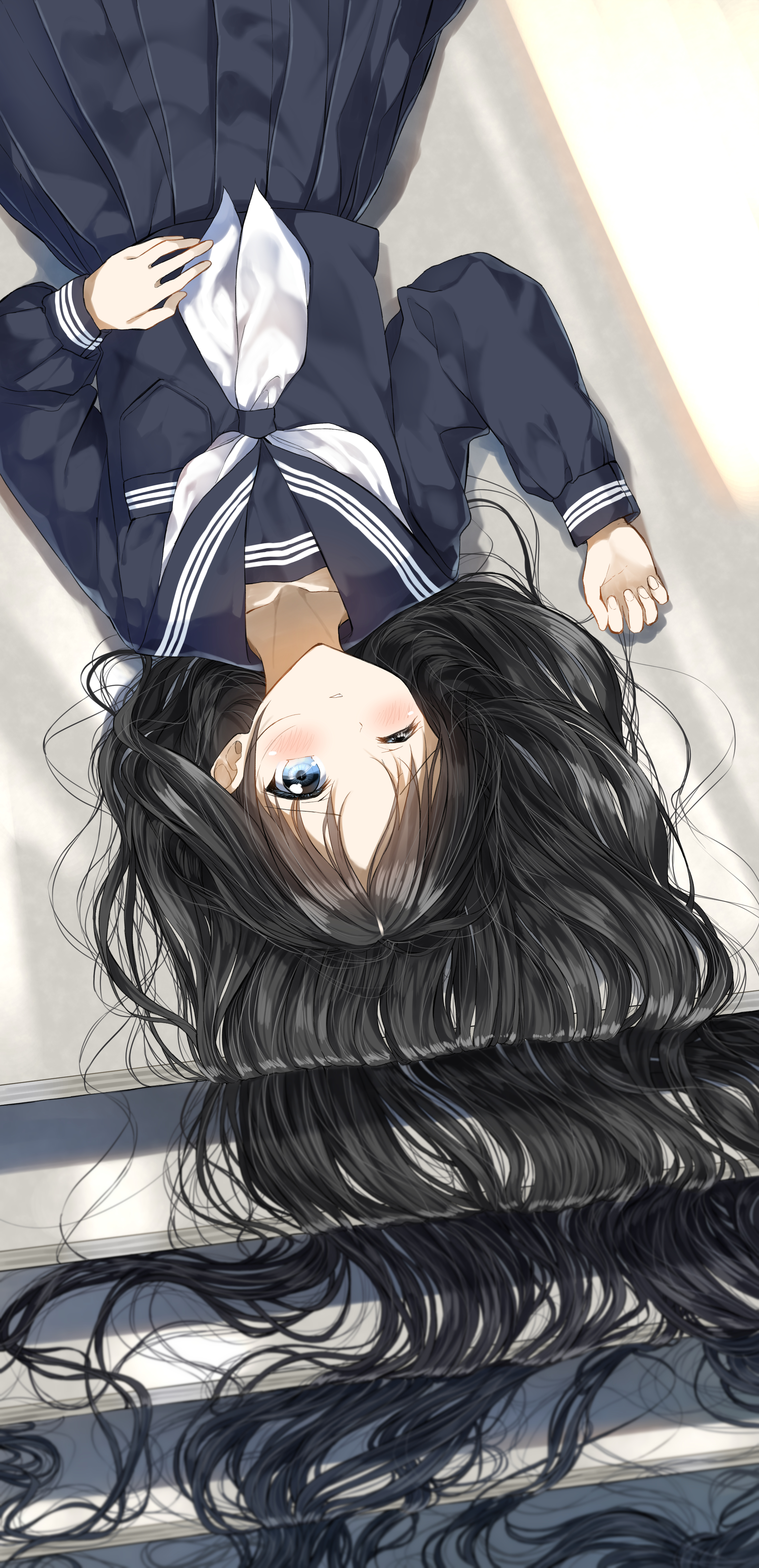 Anime 2196x4536 anime girls portrait display long hair black hair blue eyes school uniform stairs lying on back RailgunKy