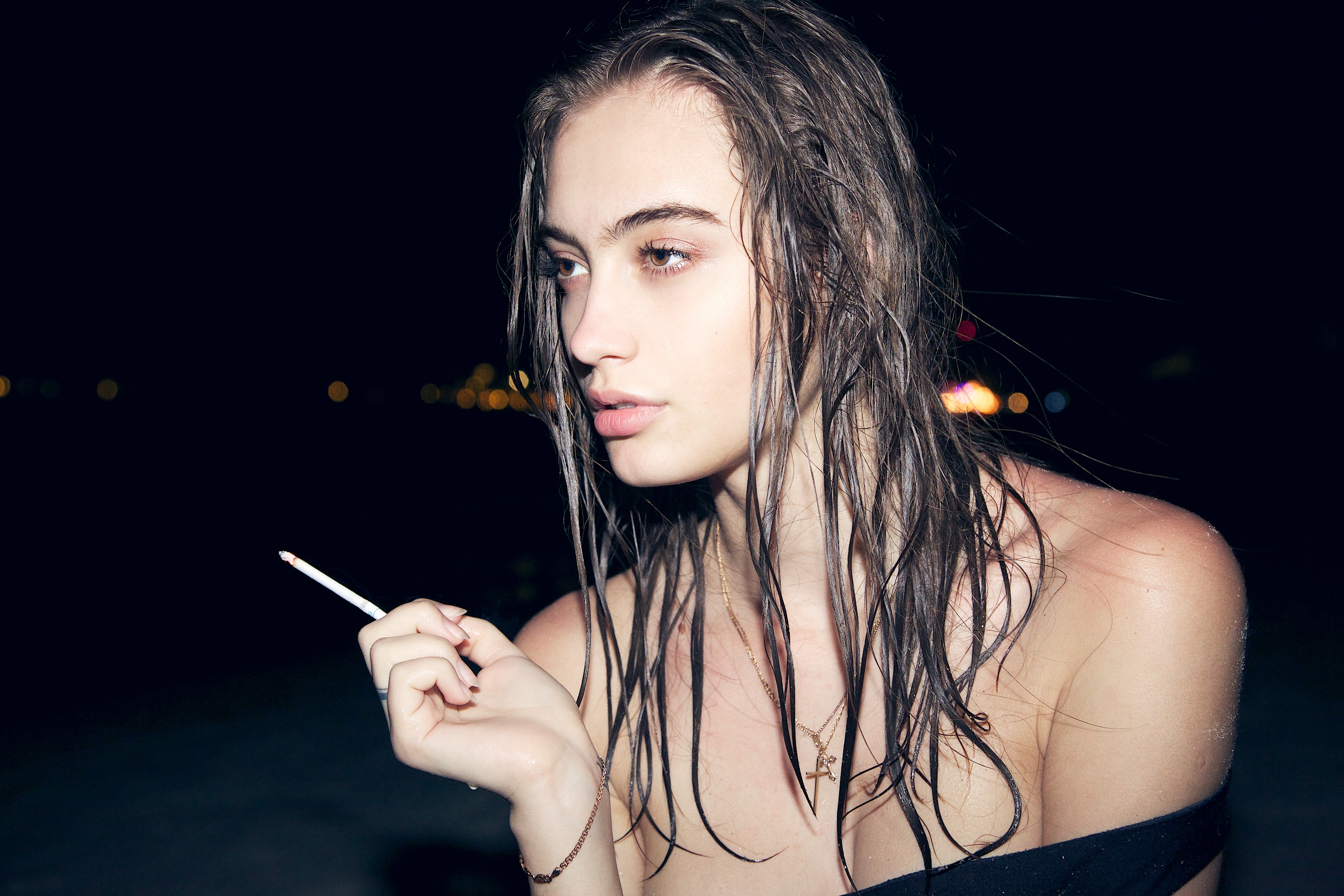 People 2808x1872 Nastya Kovaleva model Sergio del Amo women wet body women outdoors cigarettes closeup