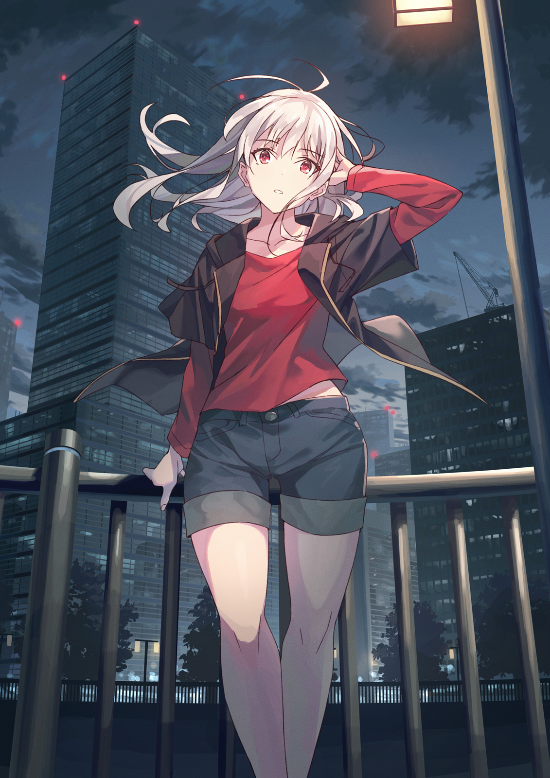 Anime 1131x1600 anime anime girls portrait display original characters Koh RD night building silver hair red eyes open jacket shorts