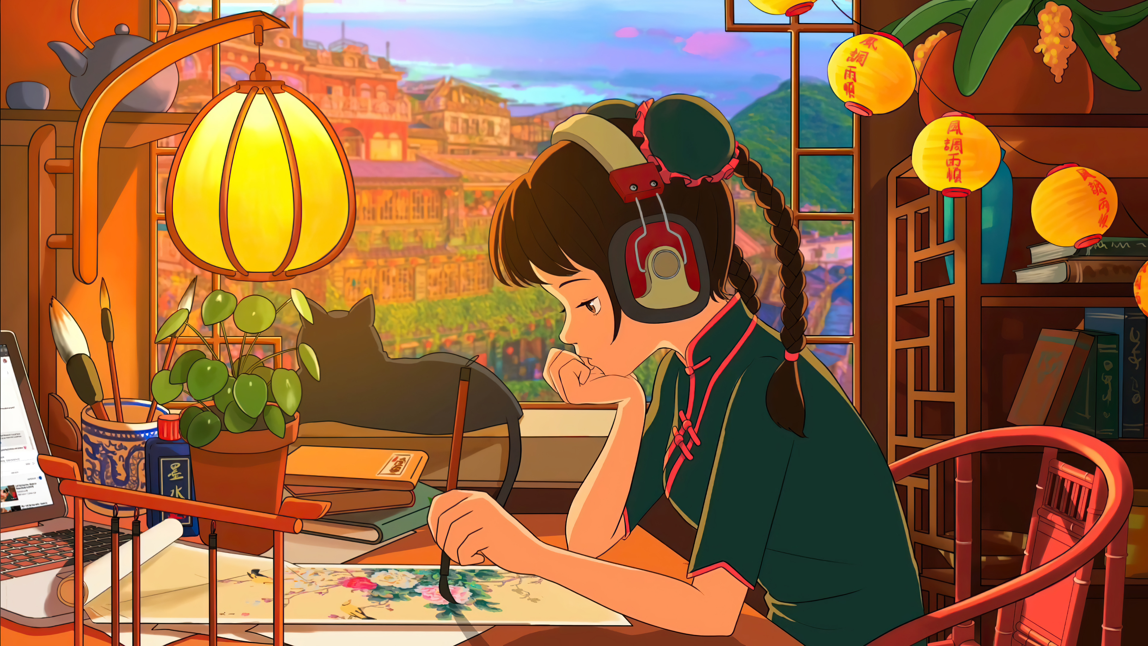 Anime 3840x2160 LoFi lantern headsets painting cats LofiGirl anime girls braids headphones sitting window laptop cheongsam