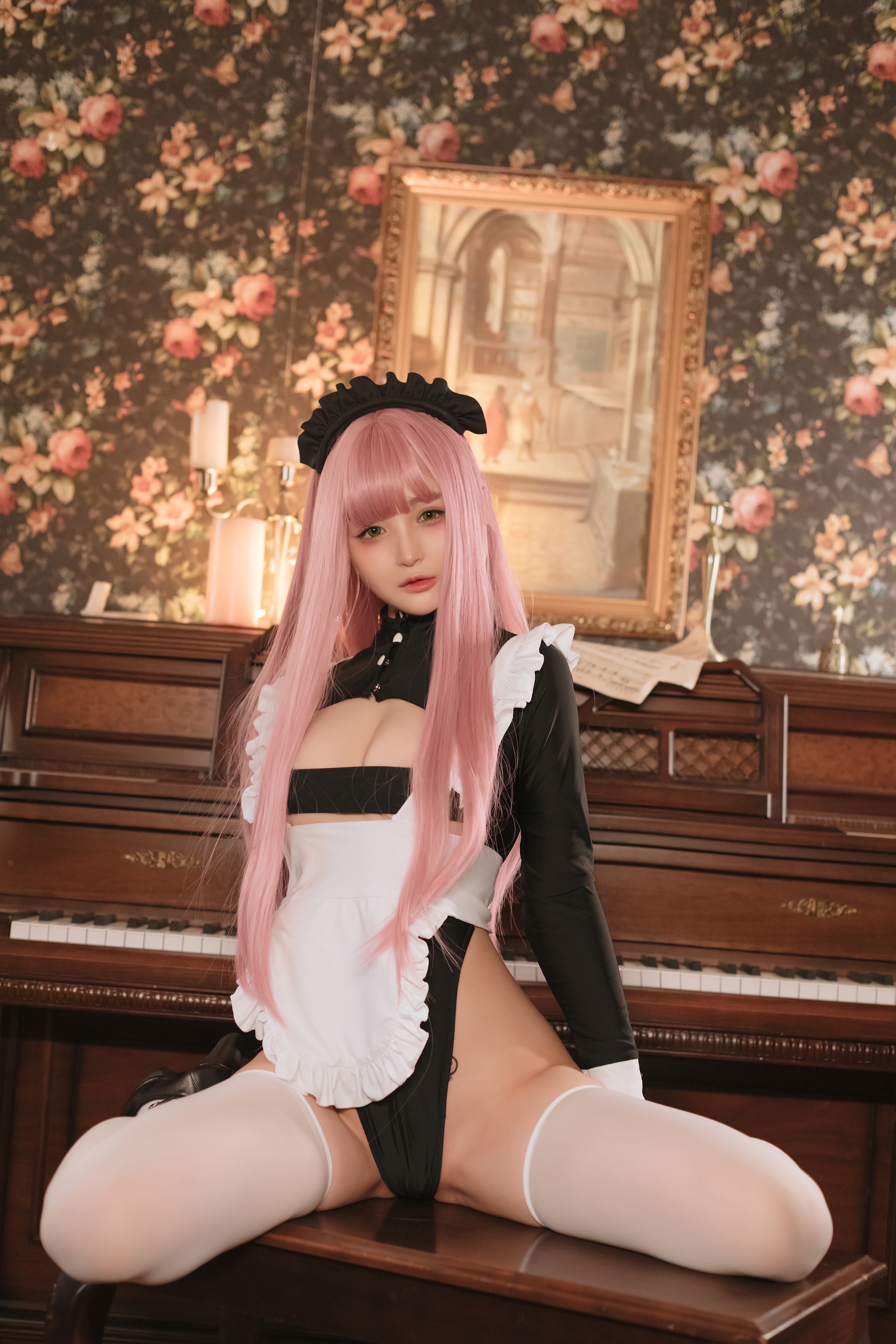 People 2688x4032 Sakurai Niki Asian women model cosplay maid maid outfit pink hair piano indoors women indoors looking at viewer cleavage sitting lingerie stockings white stockings picture frames spread legs