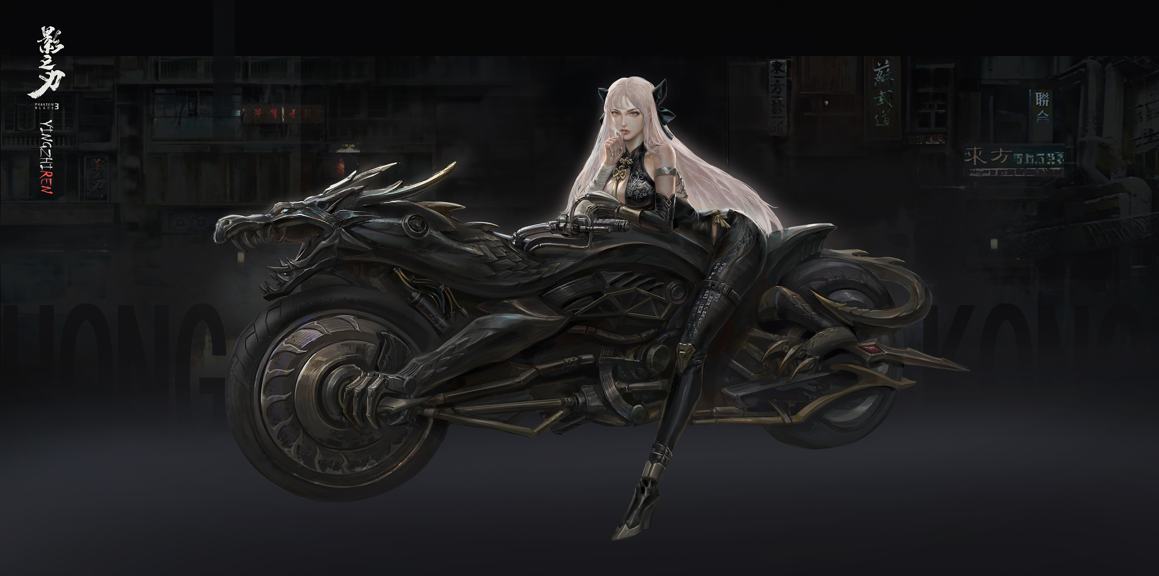 General 3840x1908 Yi Zhi drawing women long hair black clothing motorcycle dragon