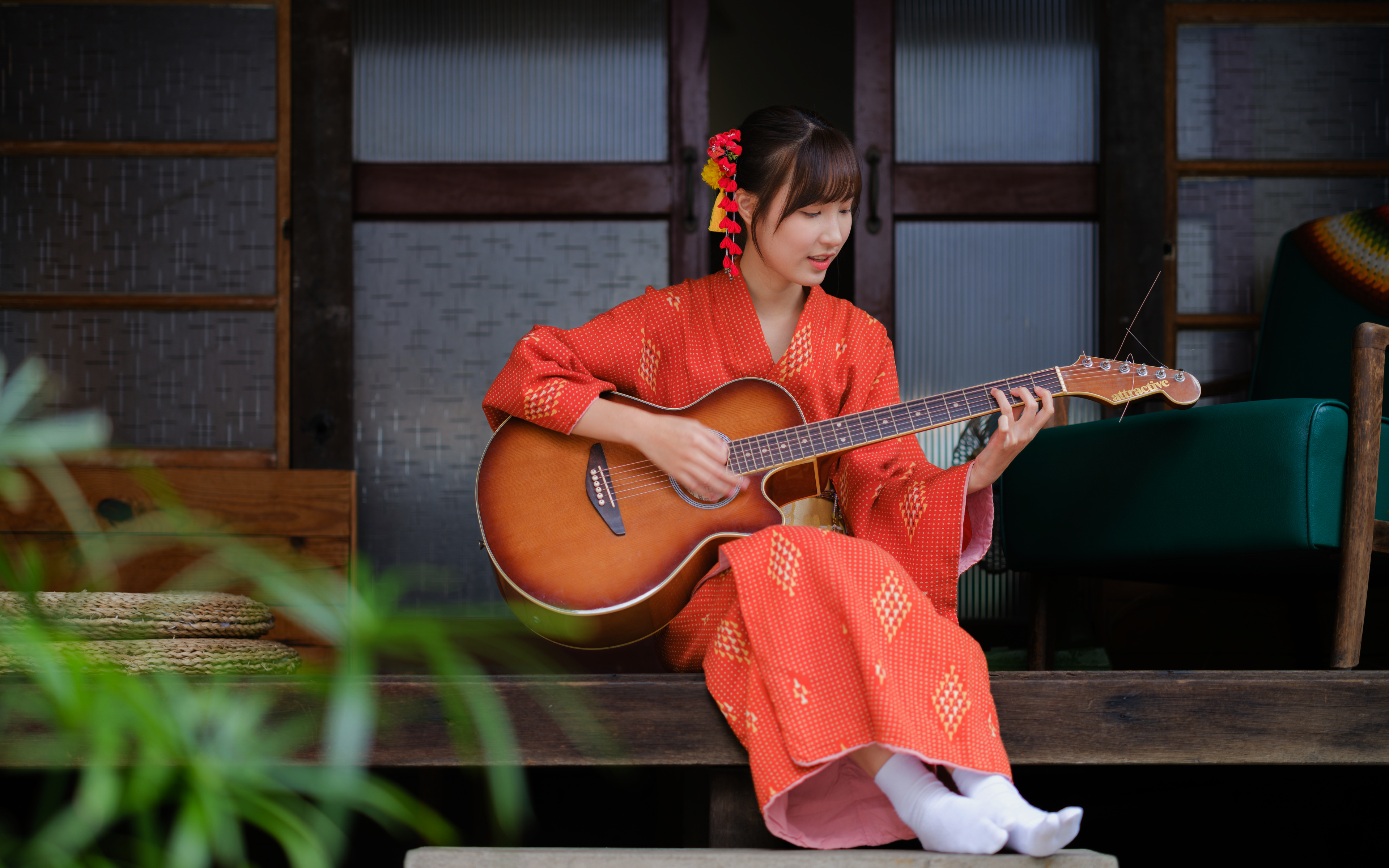 People 3840x2400 Asian model women long hair dark hair kimono traditional clothing hair ornament sitting guitar porch plants depth of field white socks