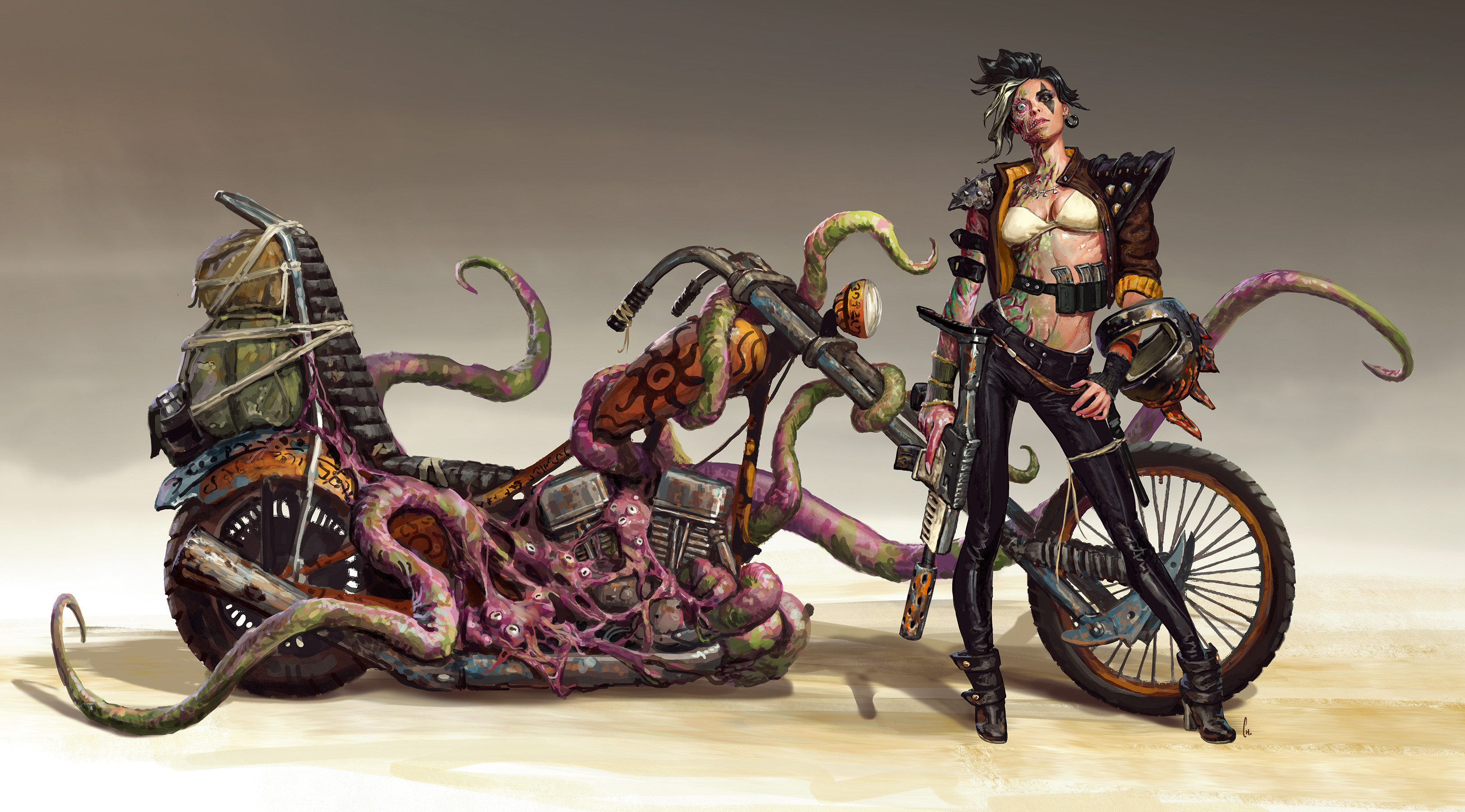 General 3245x1800 Javier Charro zombies tentacles motorcycle simple background helmet girls with guns artwork ArtStation