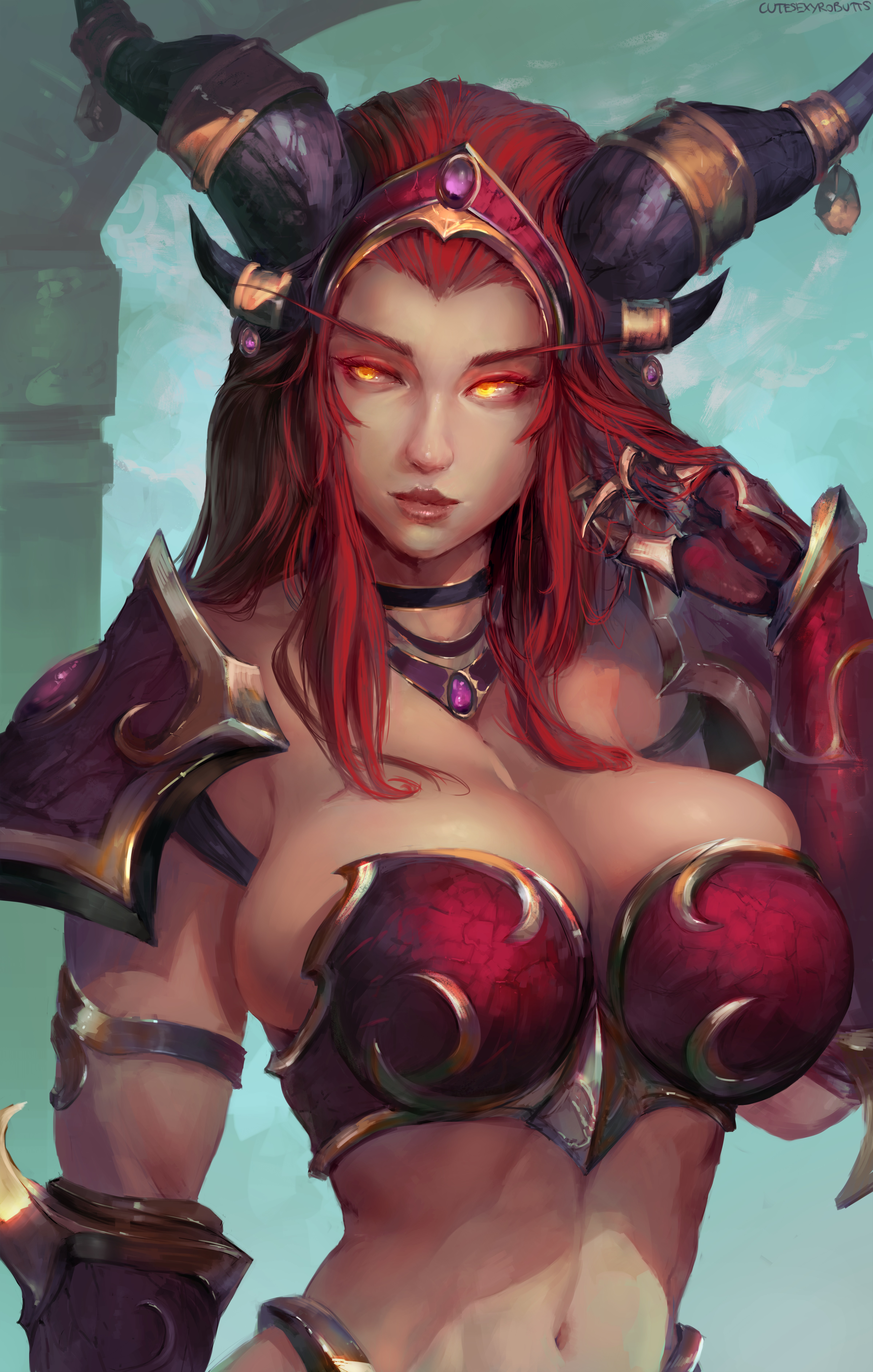 General 4800x7542 Alexstrasza World of Warcraft video games video game girls fantasy girl redhead glowing eyes armor huge breasts looking at viewer horns 2D artwork drawing illustration fan art Cutesexyrobutts
