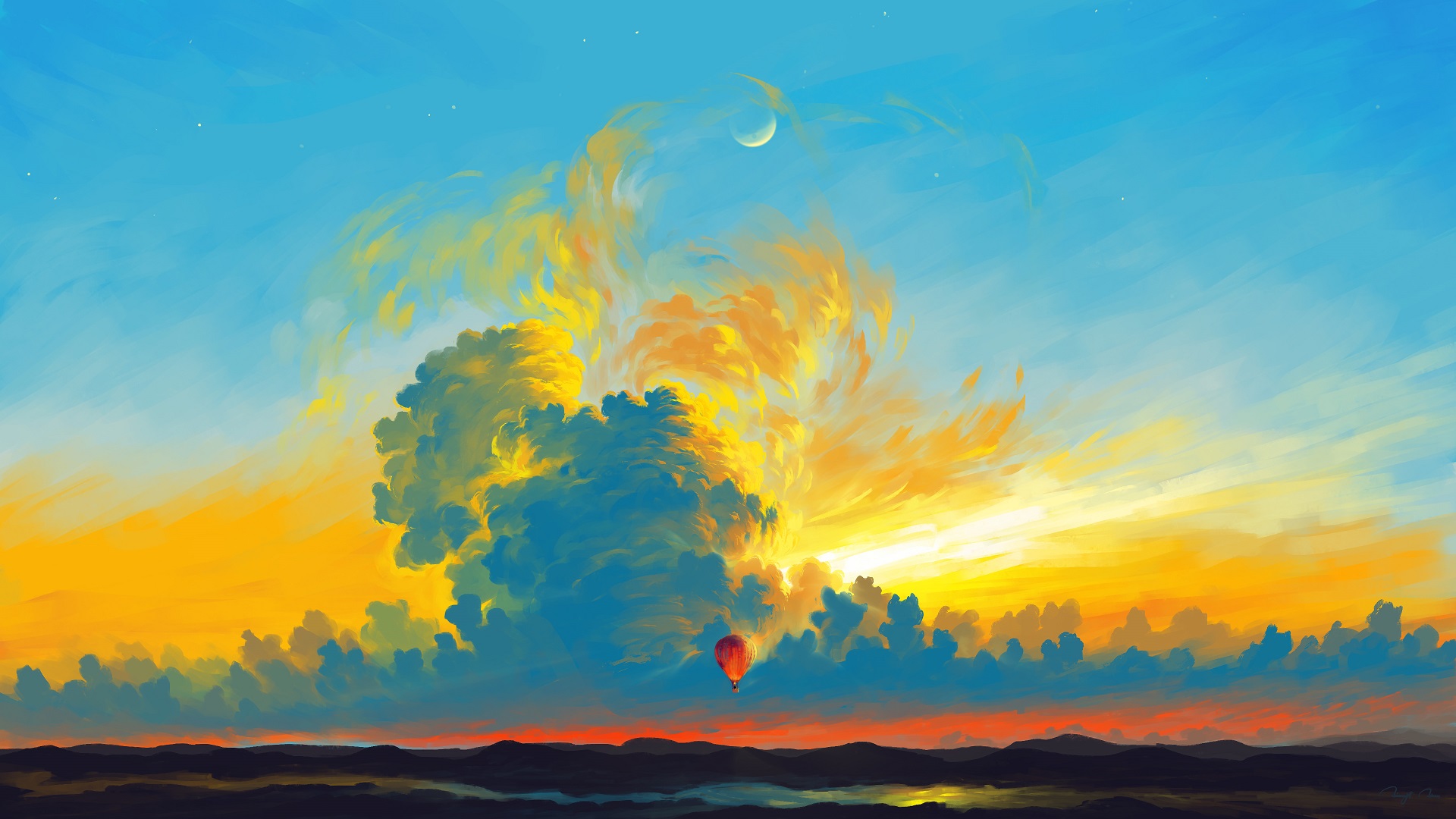 General 1920x1080 BisBiswas digital art illustration artwork landscape clouds hot air balloons mountains sky Moon