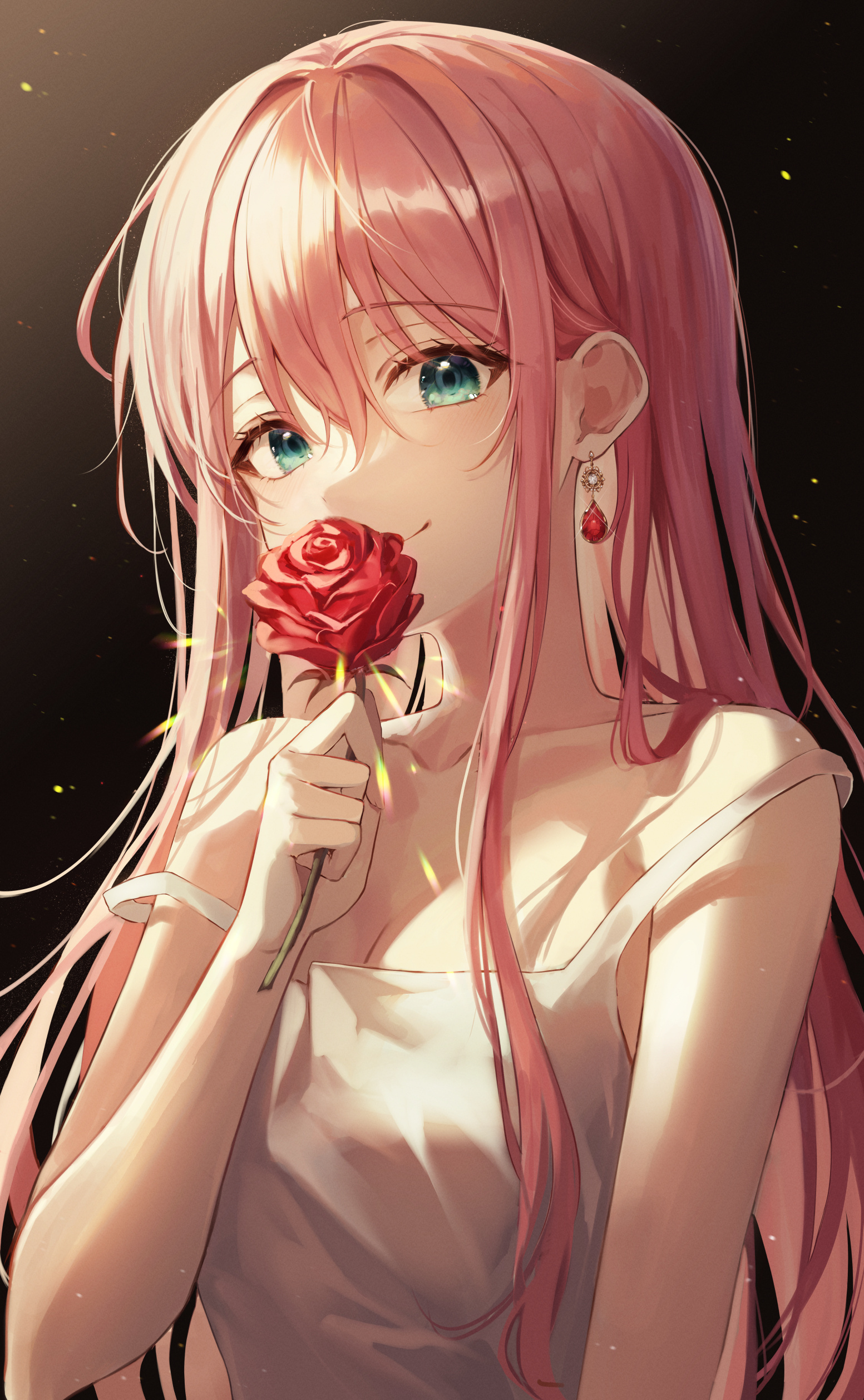 Anime 1553x2516 anime anime girls flowers rose plants long hair pink hair aqua eyes tank top artwork Ekina