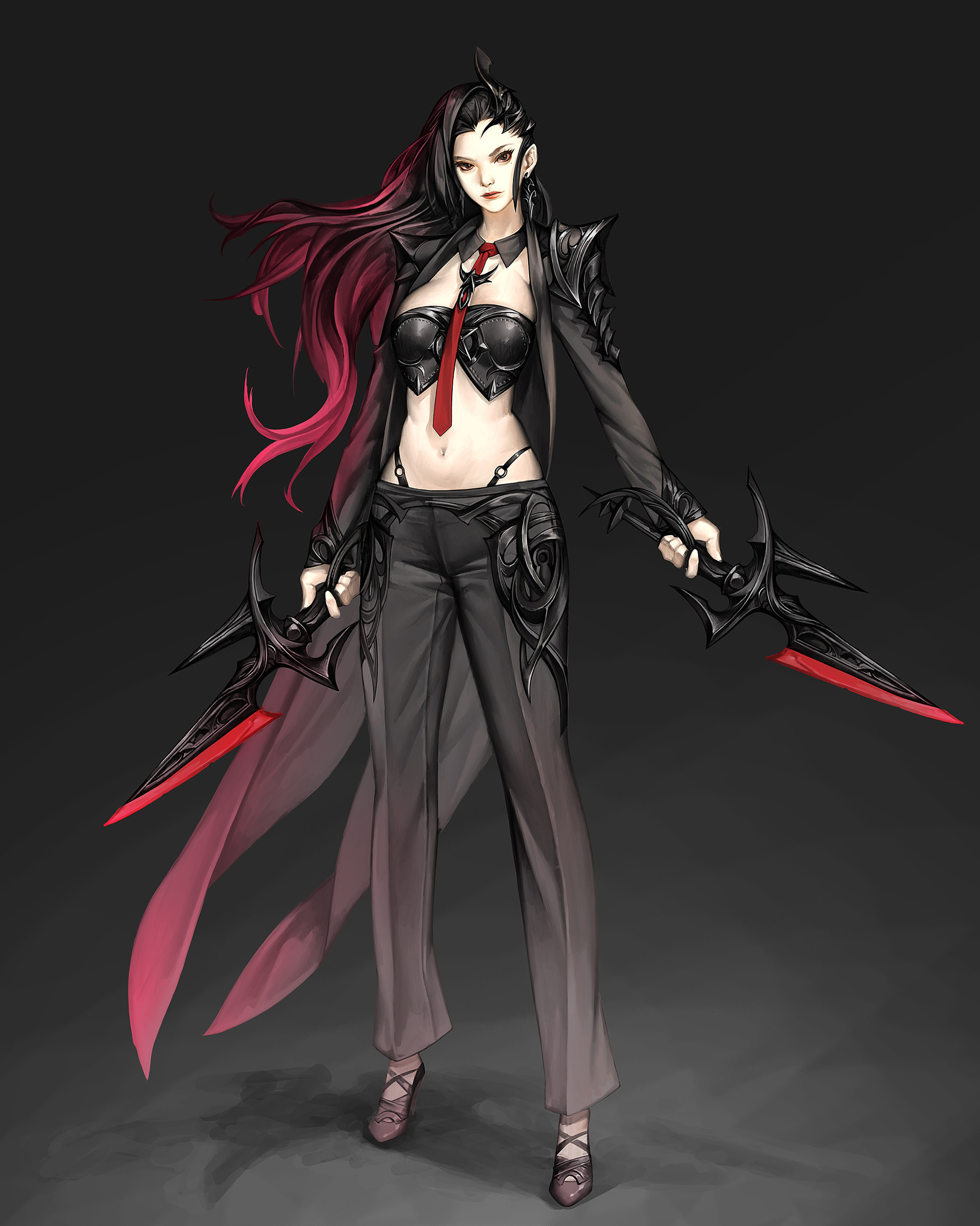 General 1920x2400 hinew KIM artwork women standing simple background Asian dark hair tie bra weapon dagger belly long hair looking at viewer gray background