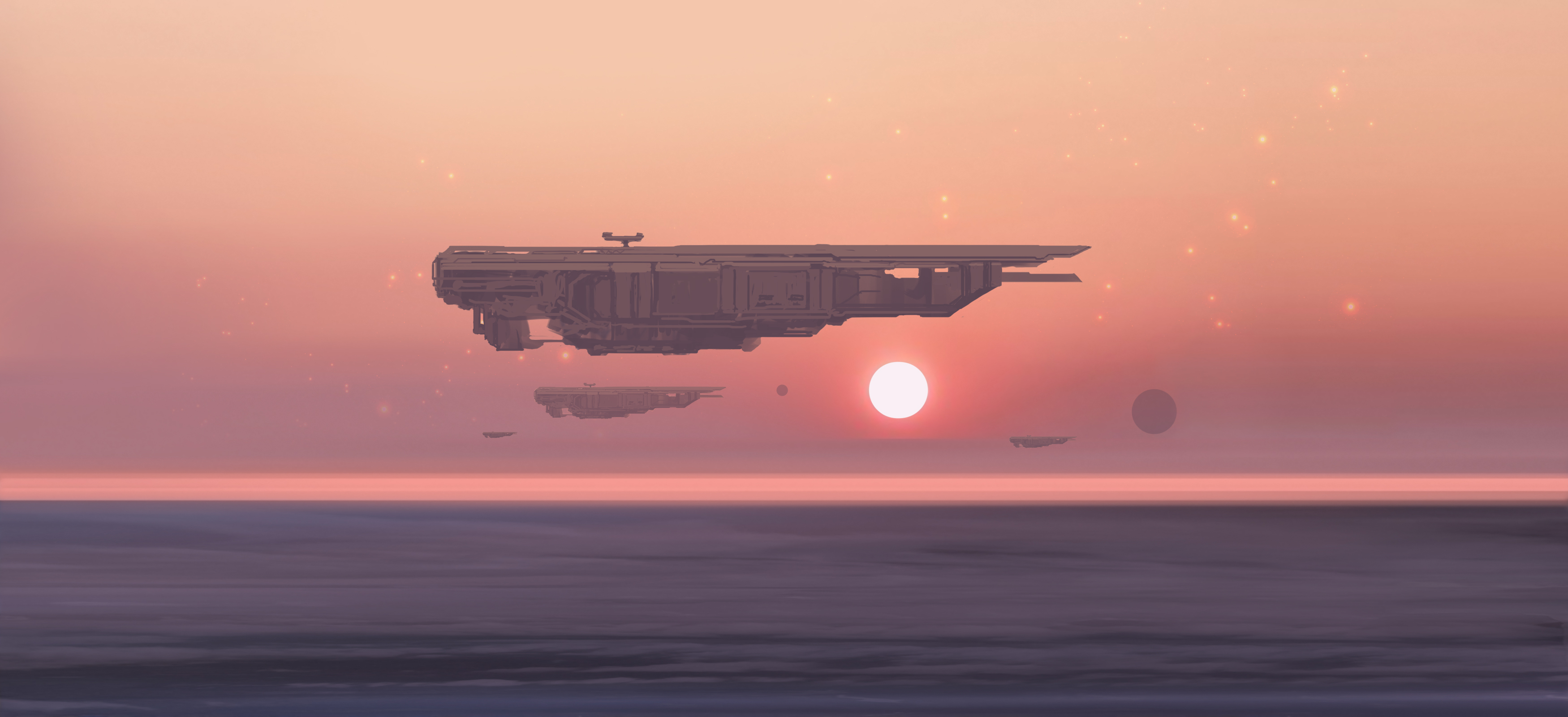 General 3500x1600 digital art science fiction Sun sunset spaceship artwork futuristic sky sea