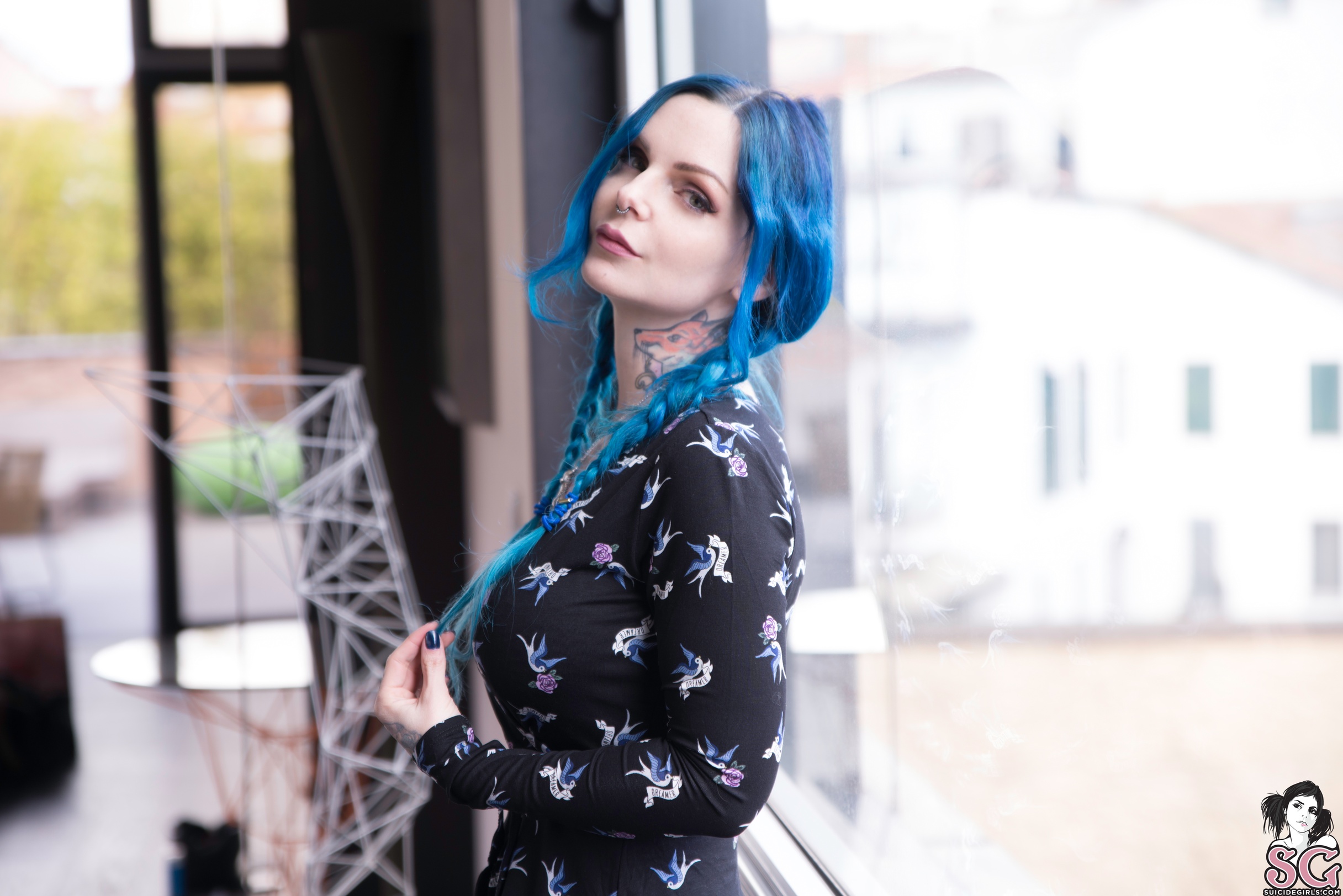 People 2432x1623 Suicide Girls blue hair Super Model closed mouth looking at viewer women women indoors model indoors depth of field photography tattoo pierced nose touching hair by the window Riae Suicide Italian Italian women