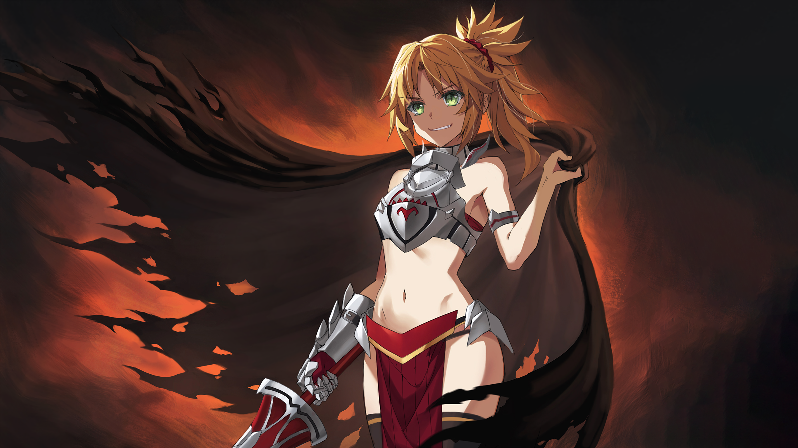 Anime 2560x1440 anime anime girls Fate series Fate/Apocrypha  Mordred (Fate/Apocrypha) blonde belly thighs thigh-highs stockings black legwear cape ponytail sword knight Tonee