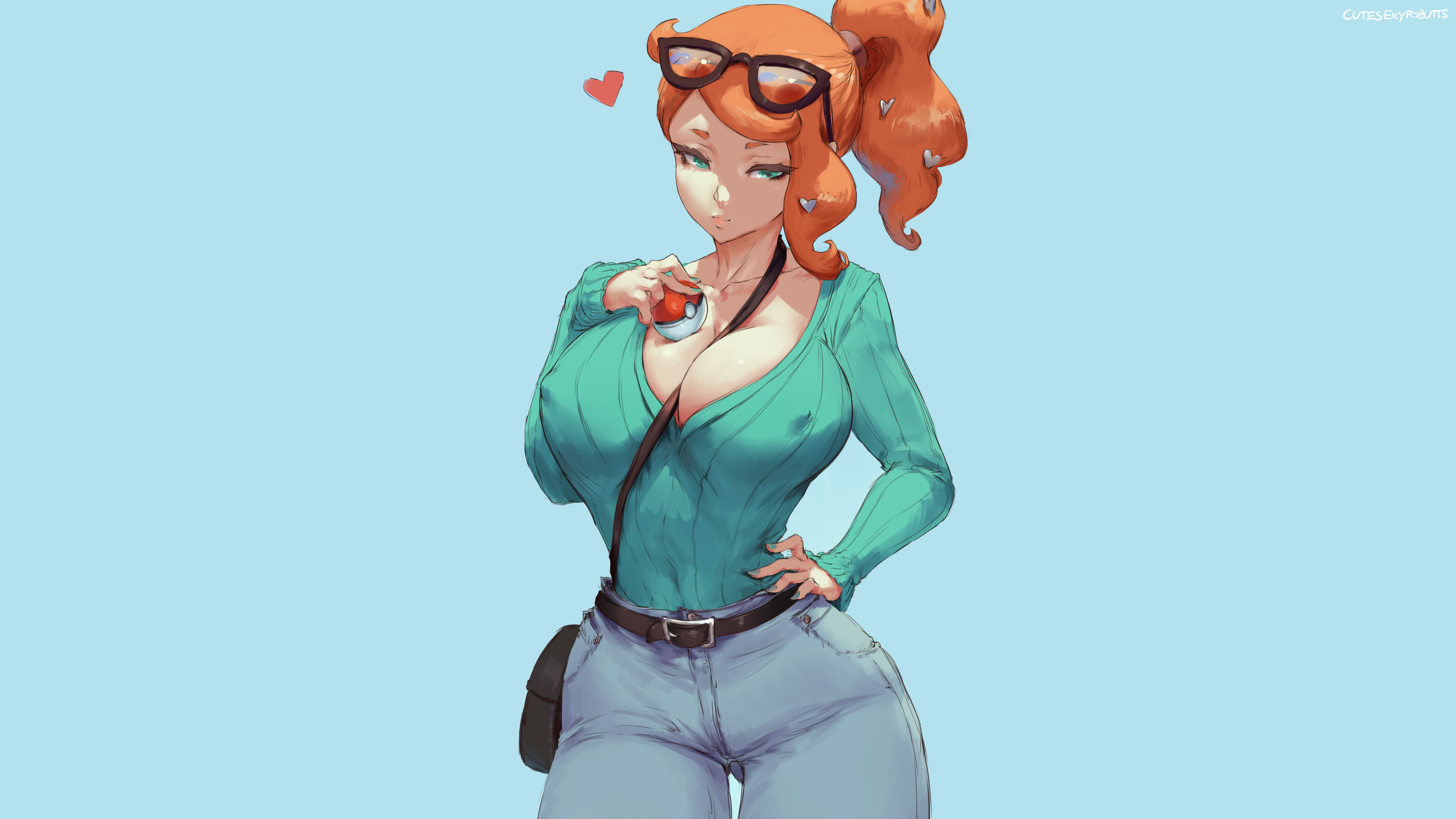 Anime 6049x3402 Cutesexyrobutts Sonia (Pokemon Sword & Shield) Pokémon redhead ponytail boobs big boobs cleavage nipple bulge curvy jeans thighs bright blue background simple background