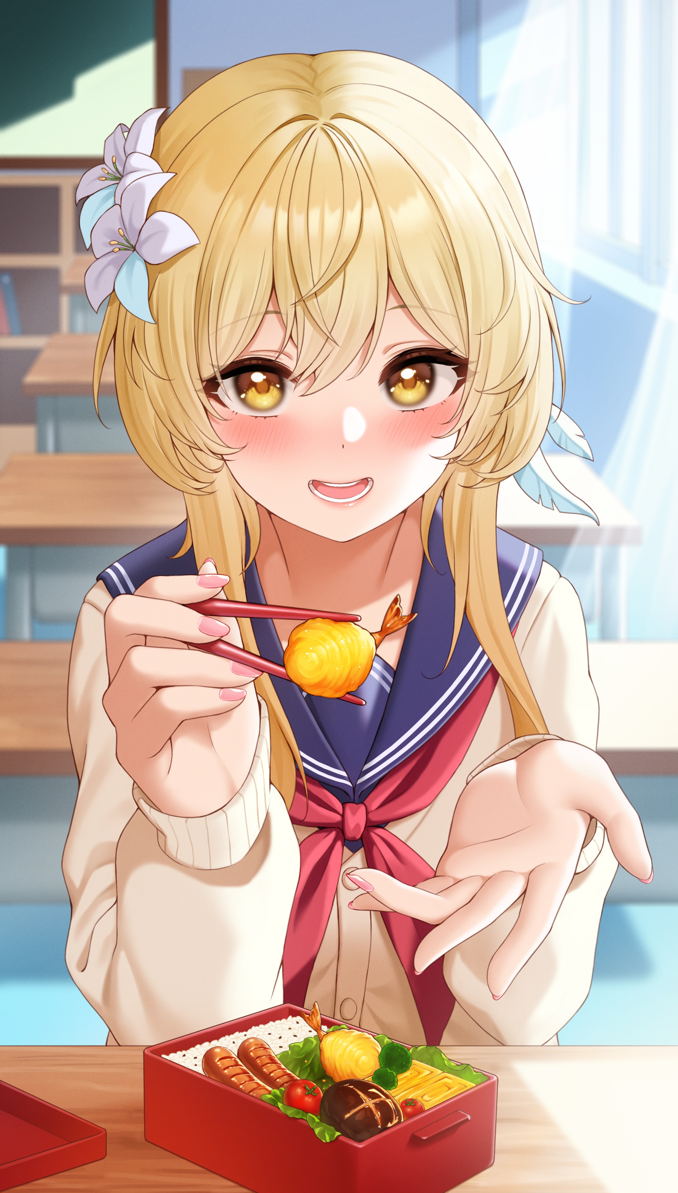 Anime 2369x4170 Genshin Impact anime girls Lumine (Genshin Impact) school uniform blonde yellow eyes blushing open mouth food bangs