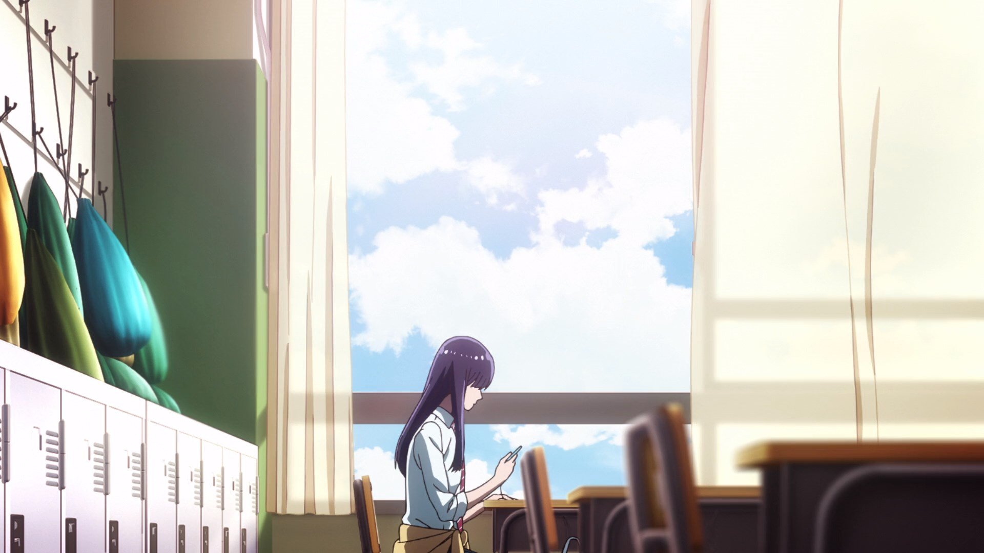 Anime 1920x1080 After the rain anime anime girls purple hair women indoors school long hair window sitting
