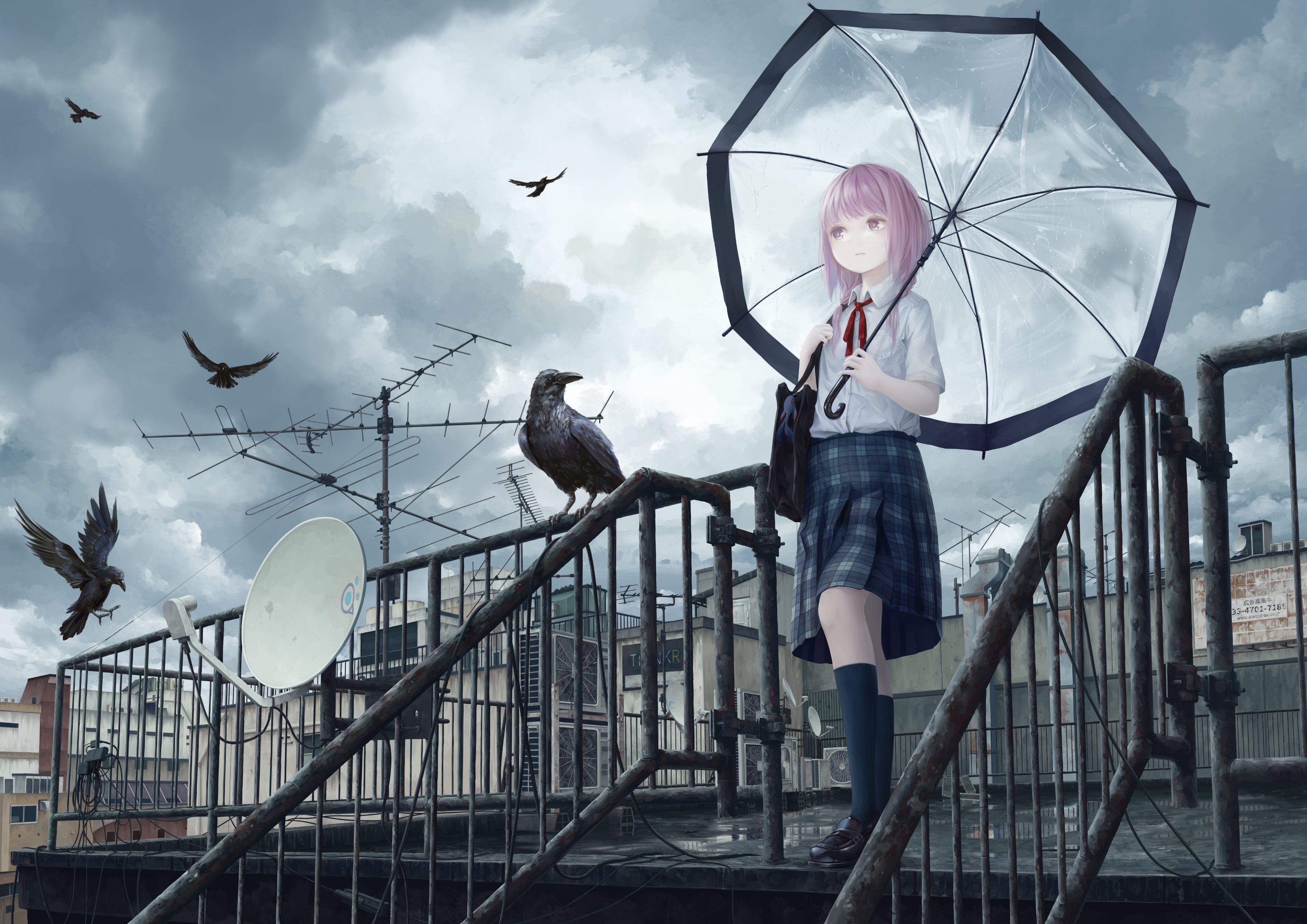 Anime 4096x2897 anime girls schoolgirl birds umbrella Koki Ikegami
