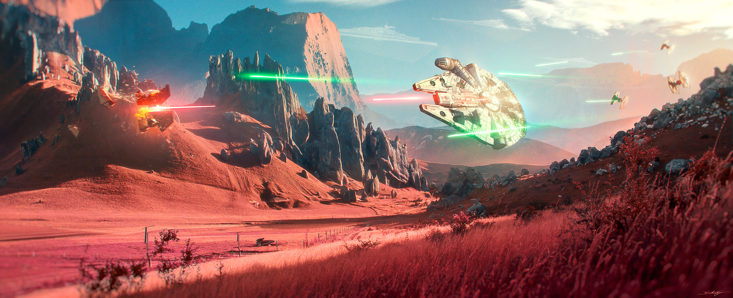 General 2500x1019 Millennium Falcon Star Wars artwork landscape fictional ultrawide