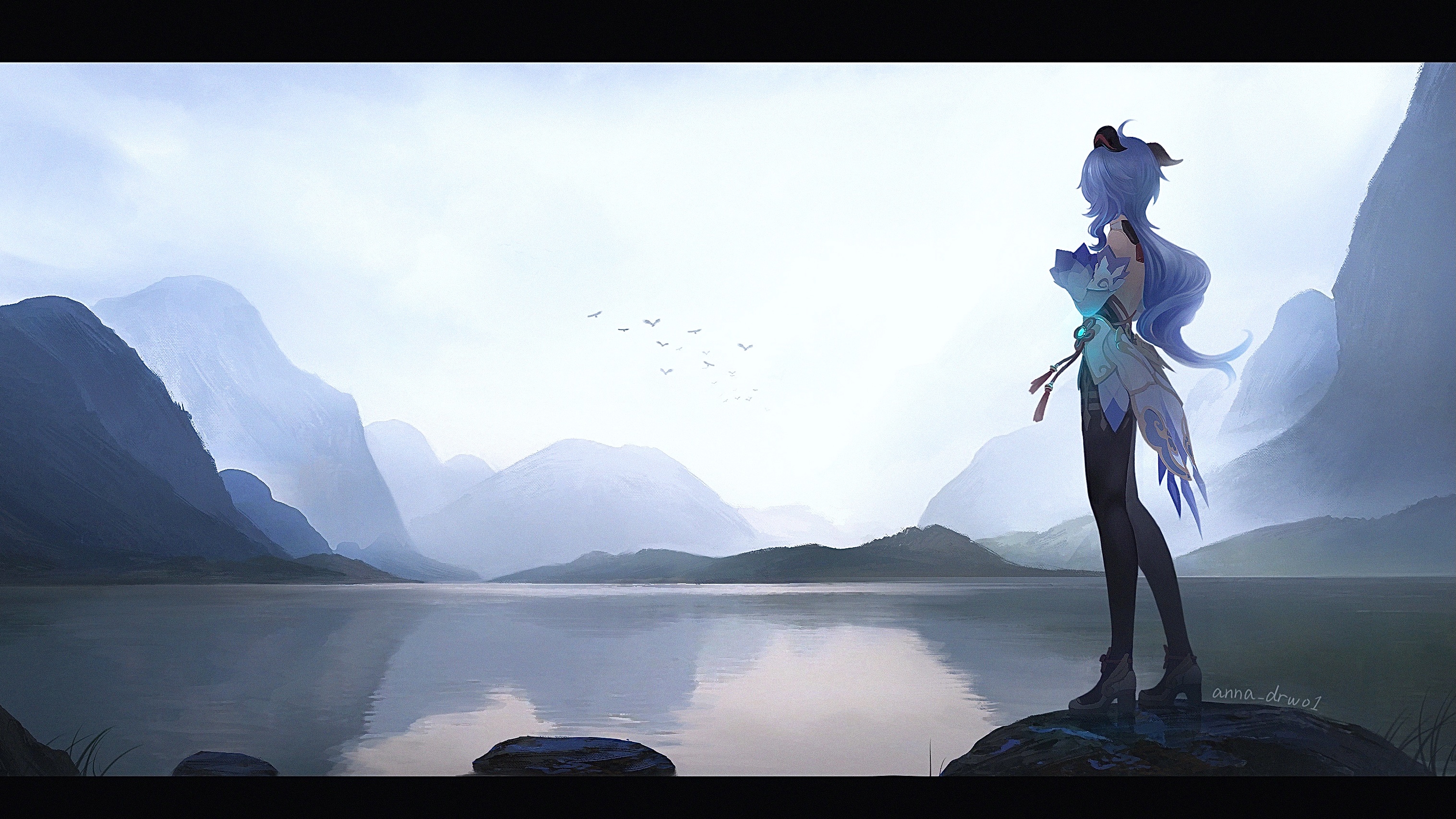 Anime 3033x1706 Genshin Impact Ganyu (Genshin Impact) artwork lake mountains landscape blue hair horns