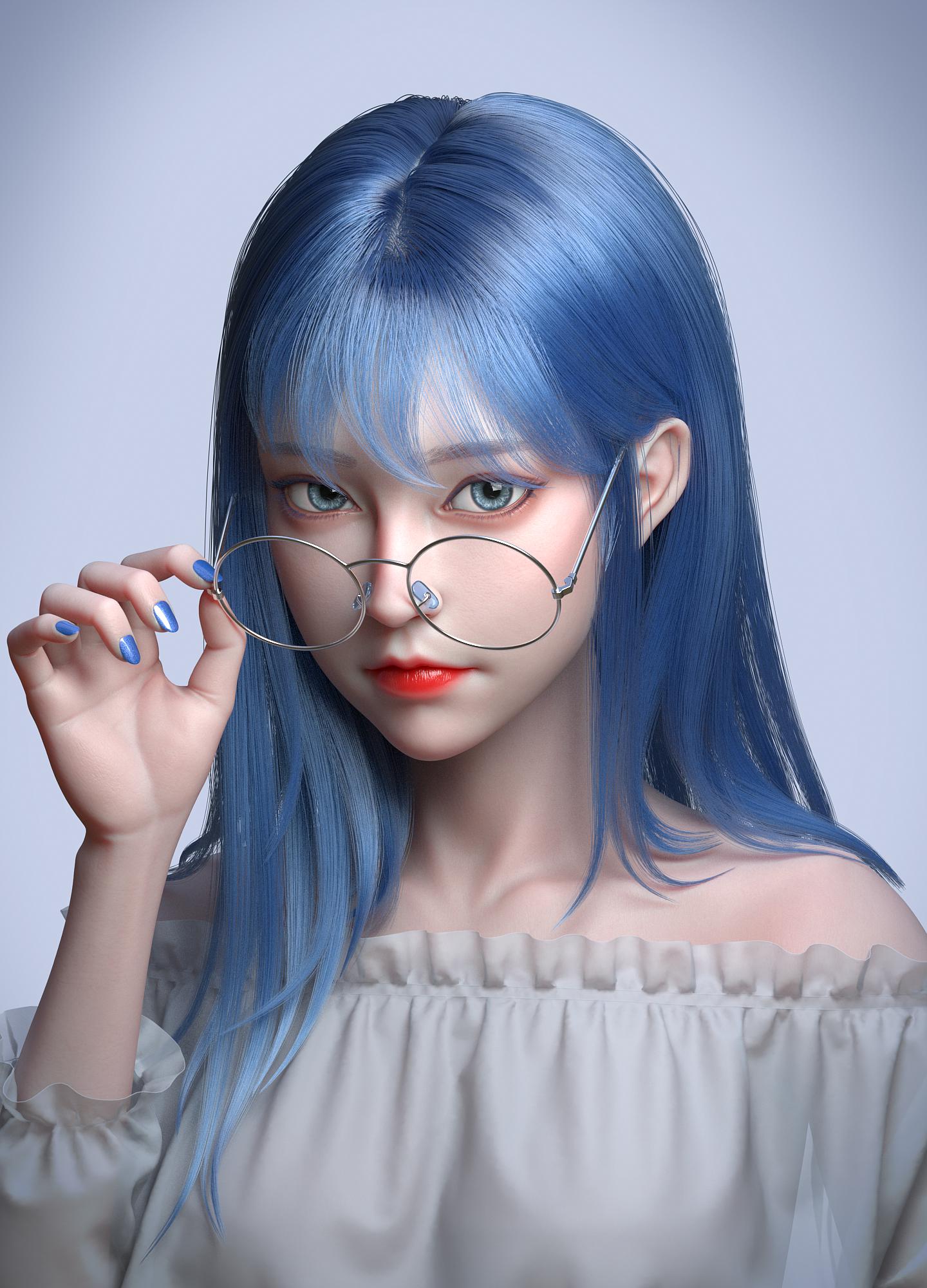 General 1440x2000 women long hair illustration bare shoulders looking at viewer haoke simple background CGI blue nails painted nails closed mouth red lipstick lipstick collarbone glasses women with glasses blue hair blue eyes