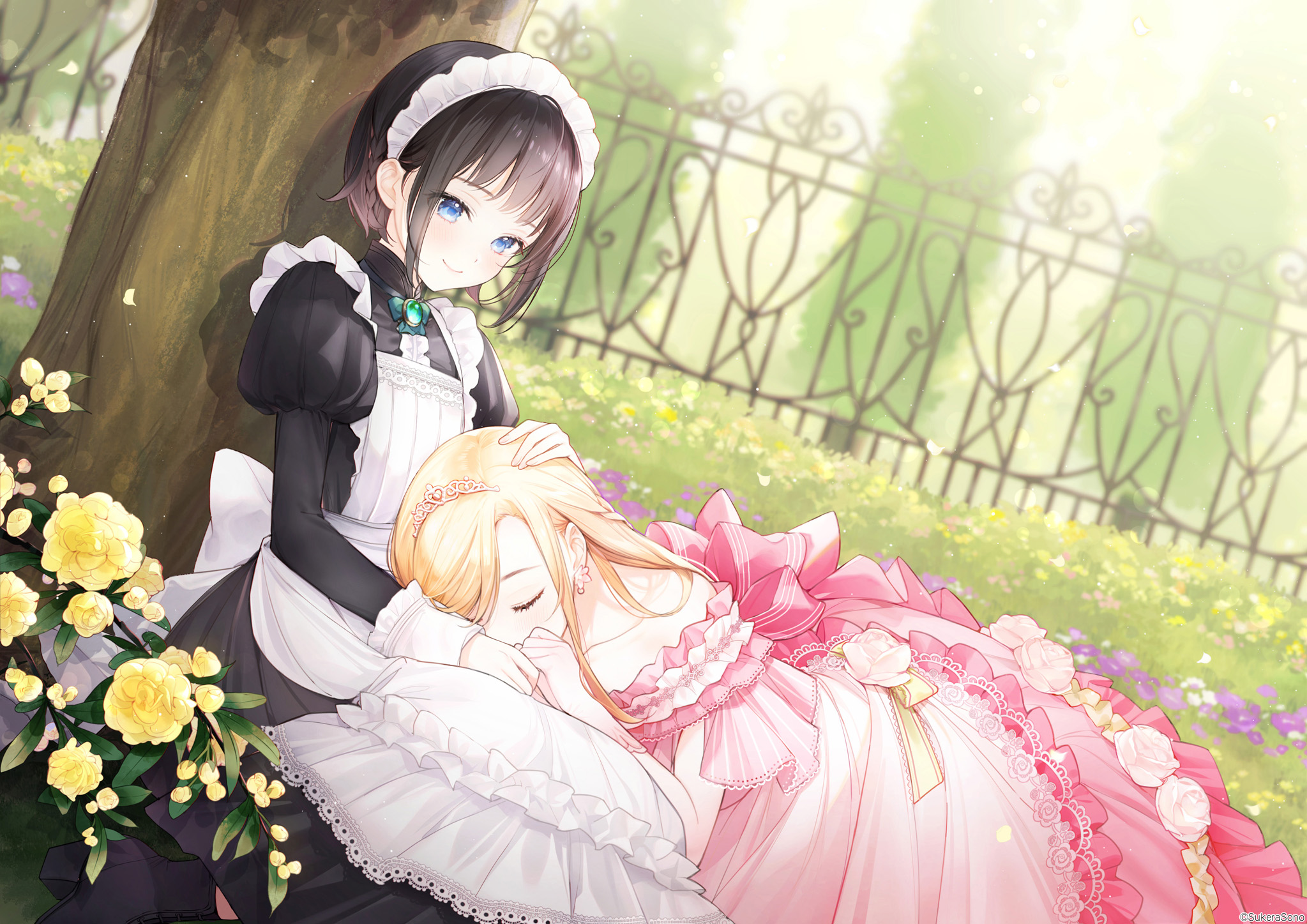 Anime 2047x1447 maid sleeping blue eyes closed eyes frill dress blonde brunette hands on head Gomzi artwork anime girls maid outfit dress