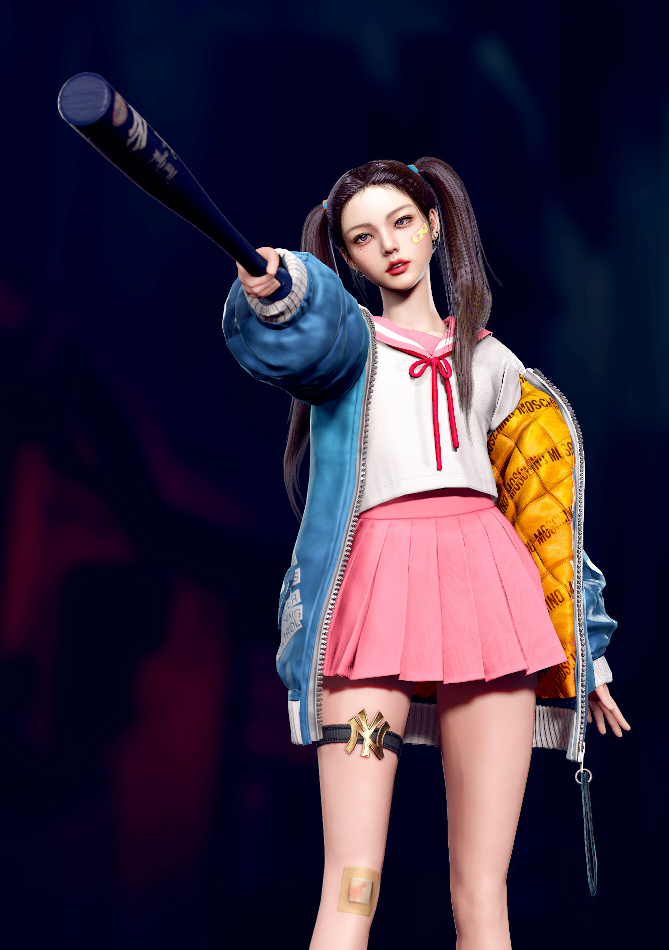 General 1336x1898 Eunji Lee women CGI pink skirt Asian baseball bat twintails school uniform