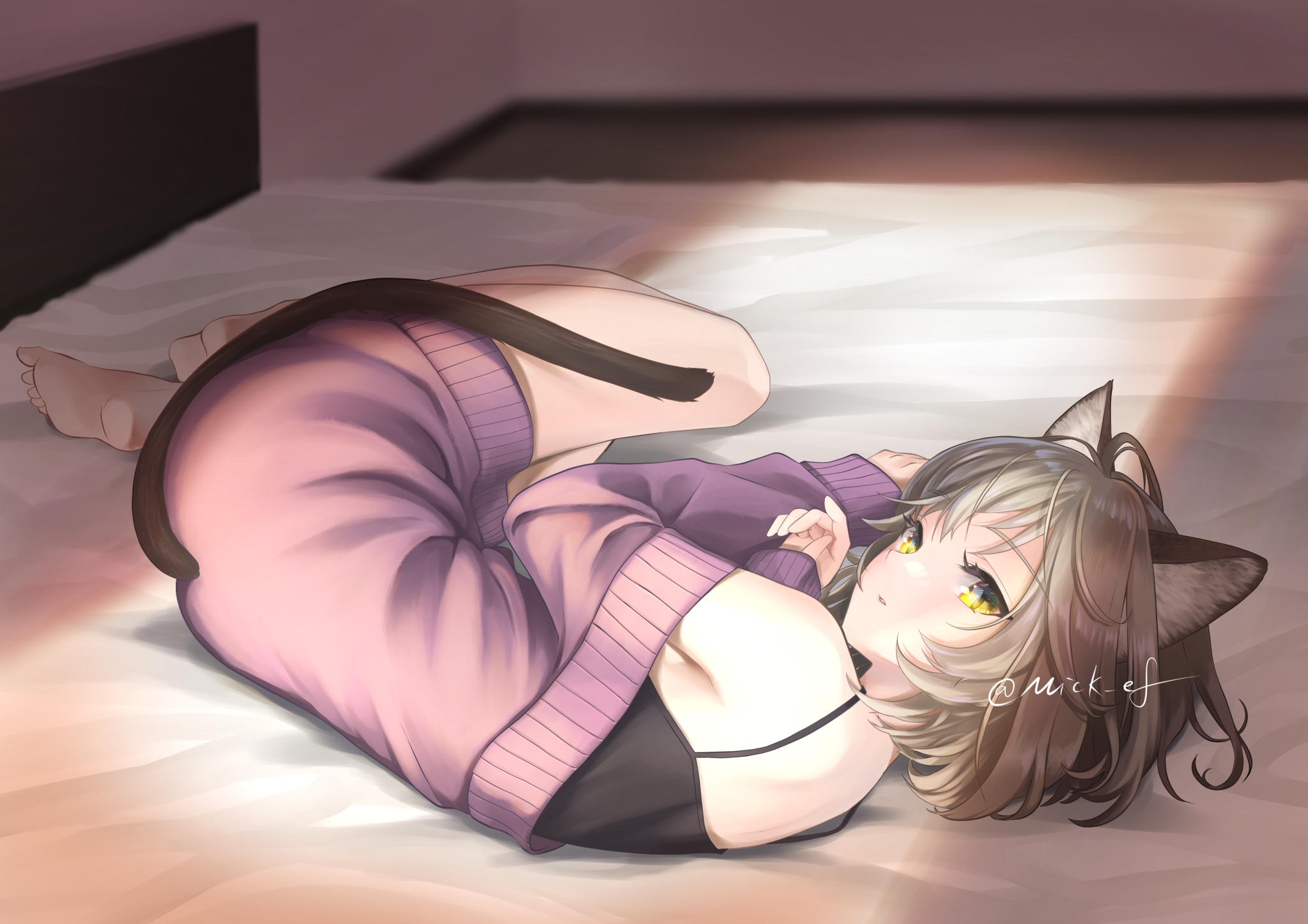Anime 2047x1447 anime anime girls tail cat girl lying down women indoors yellow eyes brunette in bed bed legs together barefoot lying on side