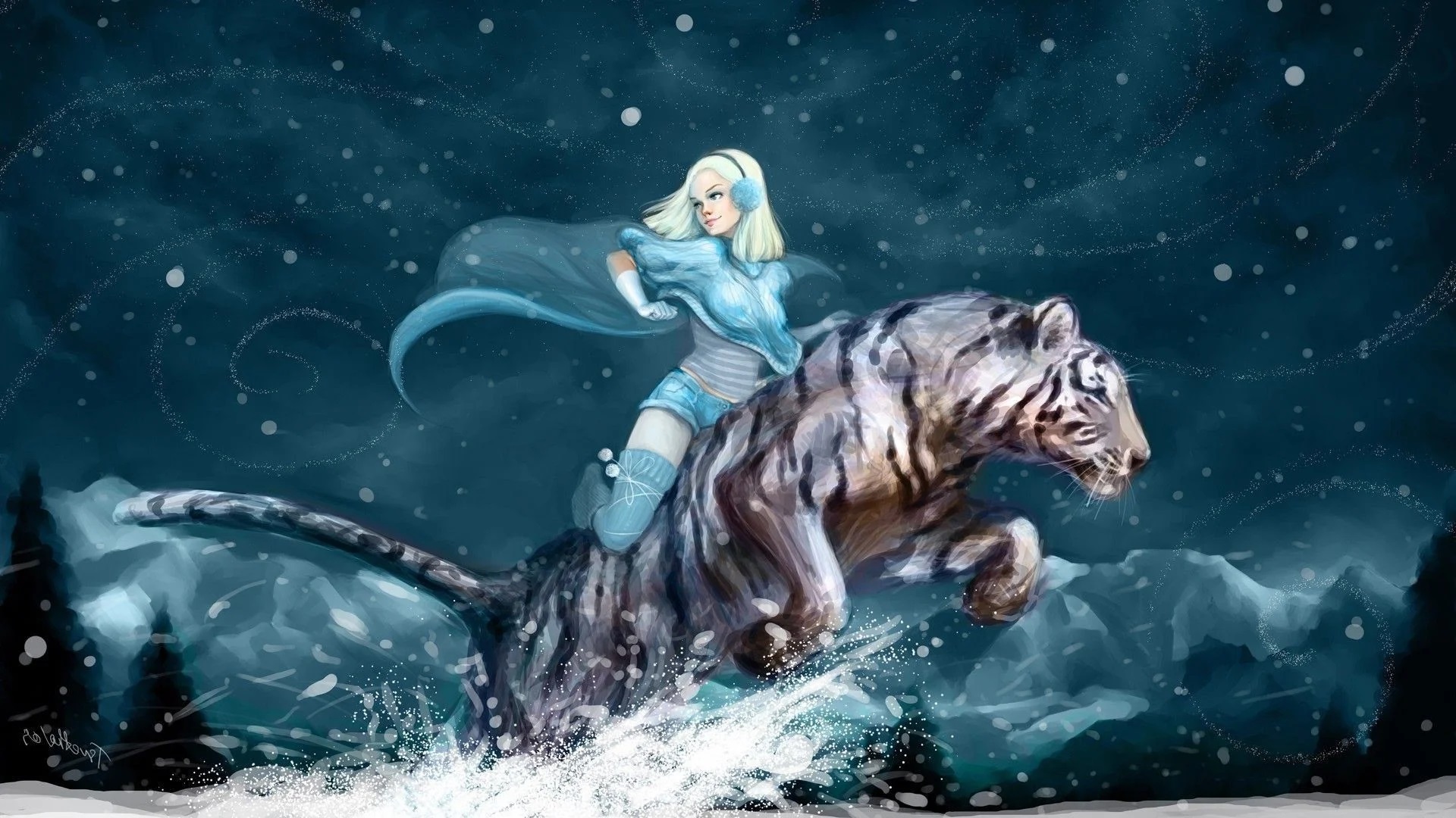 General 1920x1080 artwork fantasy art snow tiger riding on back