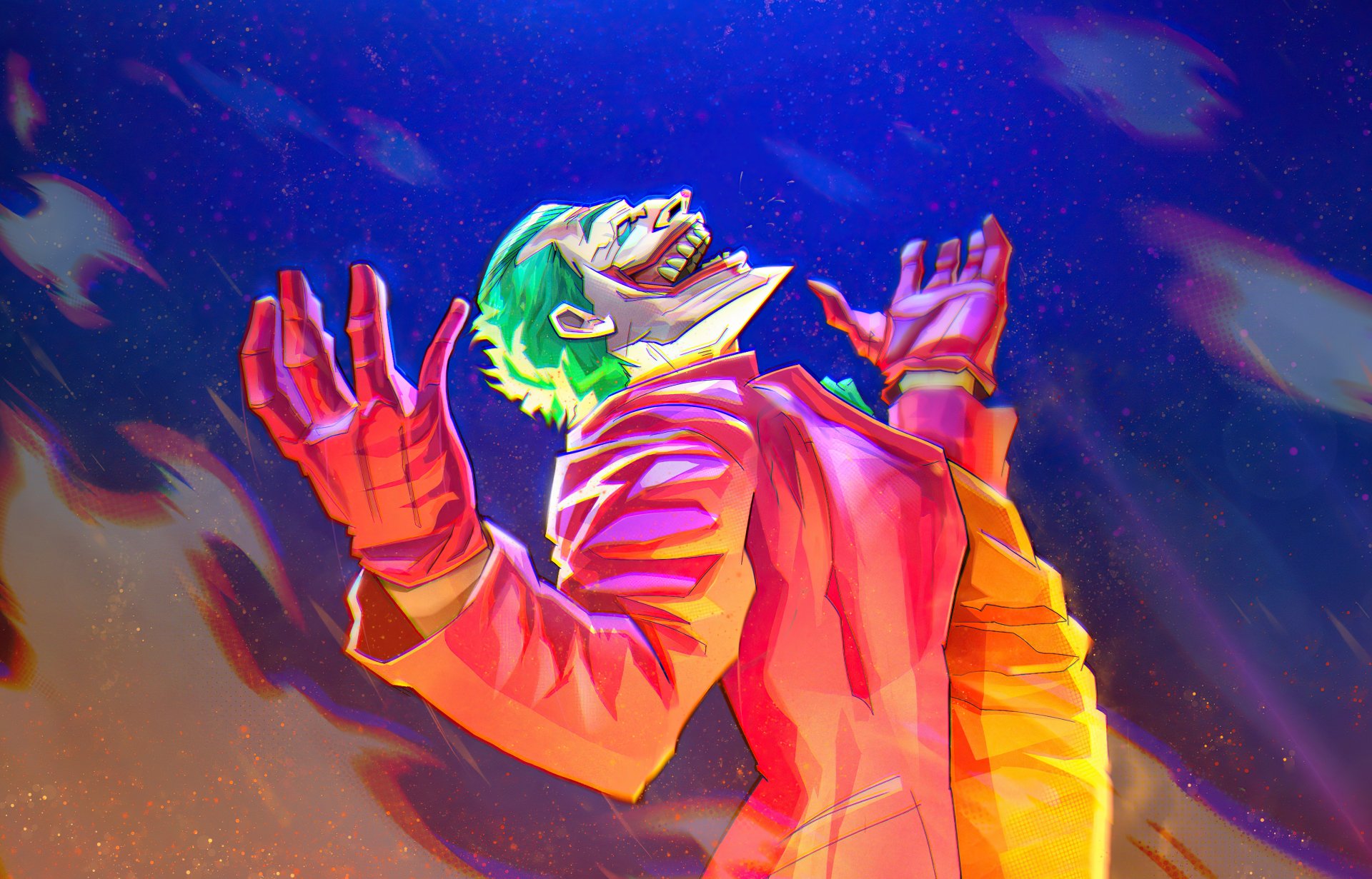 General 1920x1231 Batman Joker comic art villains digital art laughing open mouth closed eyes red gloves gloves simple background teeth short hair green hair smiling