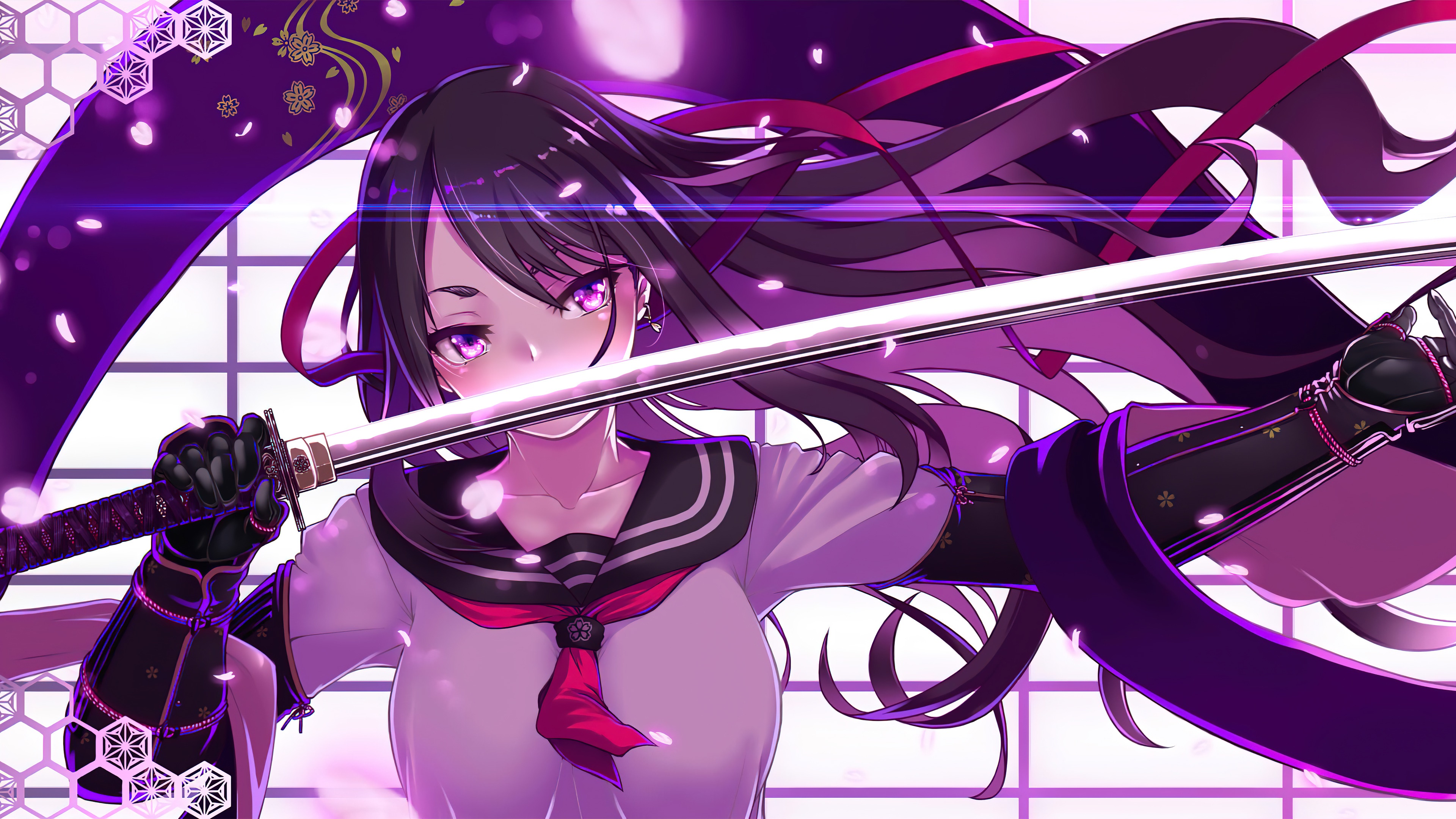 Anime 3840x2160 artwork anime girls sword katana school uniform sailor uniform armor dark hair long hair purple eyes Haiiro Gundan
