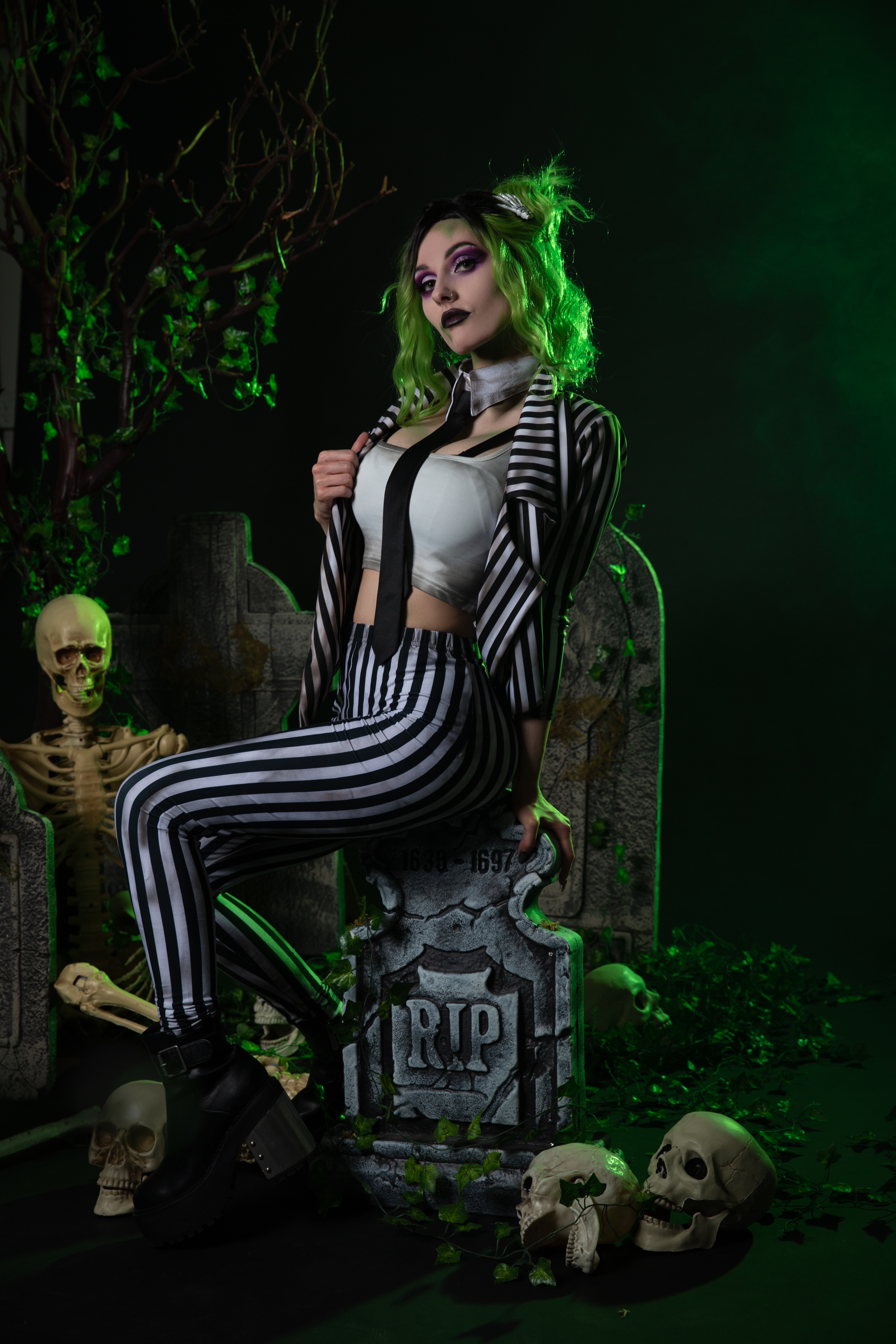 People 2333x3500 Taylor Bloxam women model Halloween cosplay Beetlejuice striped clothing tie crop top skeleton skull studio