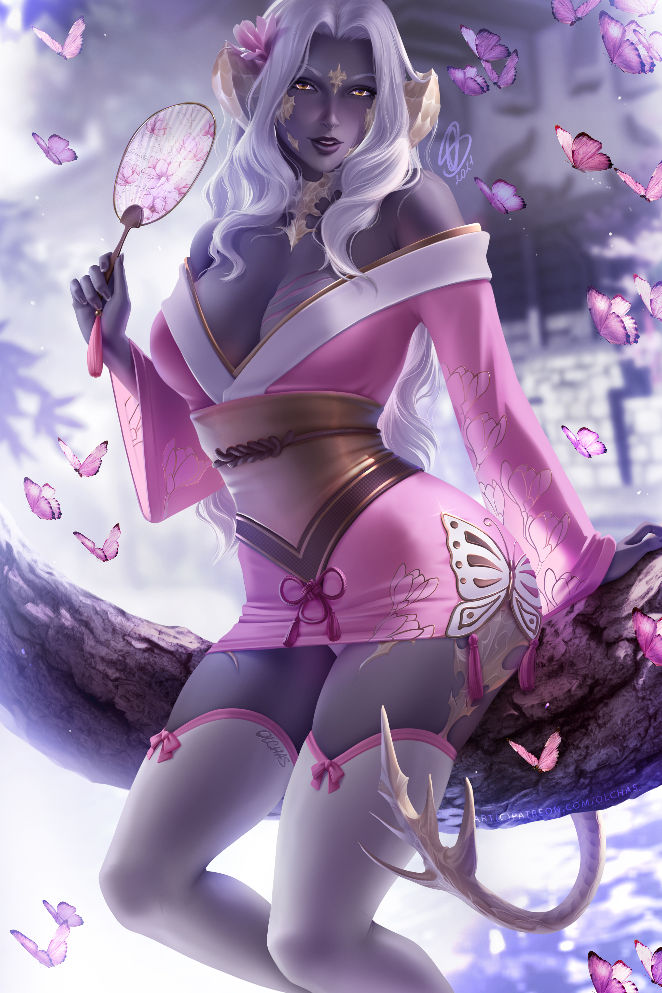 General 2600x3900 Savita (OC) fantasy girl original characters Final Fantasy kimono bare shoulders cleavage scars thick thigh curvy sitting butterfly 2D artwork drawing illustration OlchaS Au Ra
