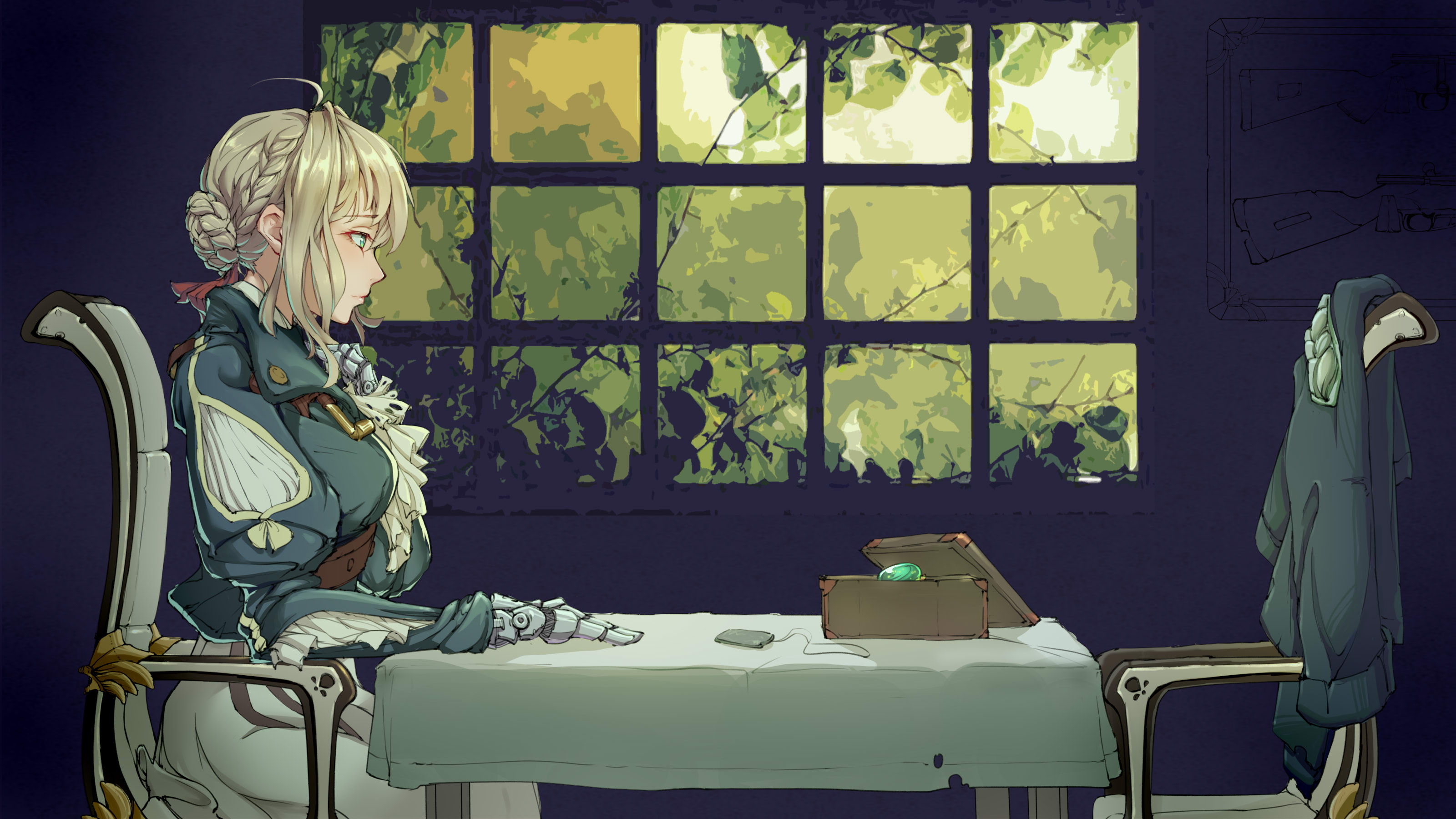 Anime 3200x1800 Violet Evergarden robotic arm sitting jewelry blonde green eyes