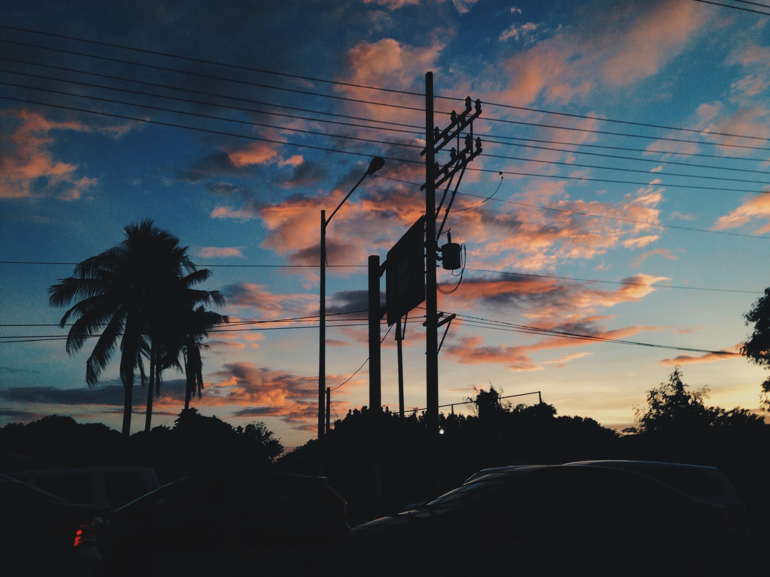 General 2448x1836 clouds sky traffic palm trees sunset street light dark power lines sunlight