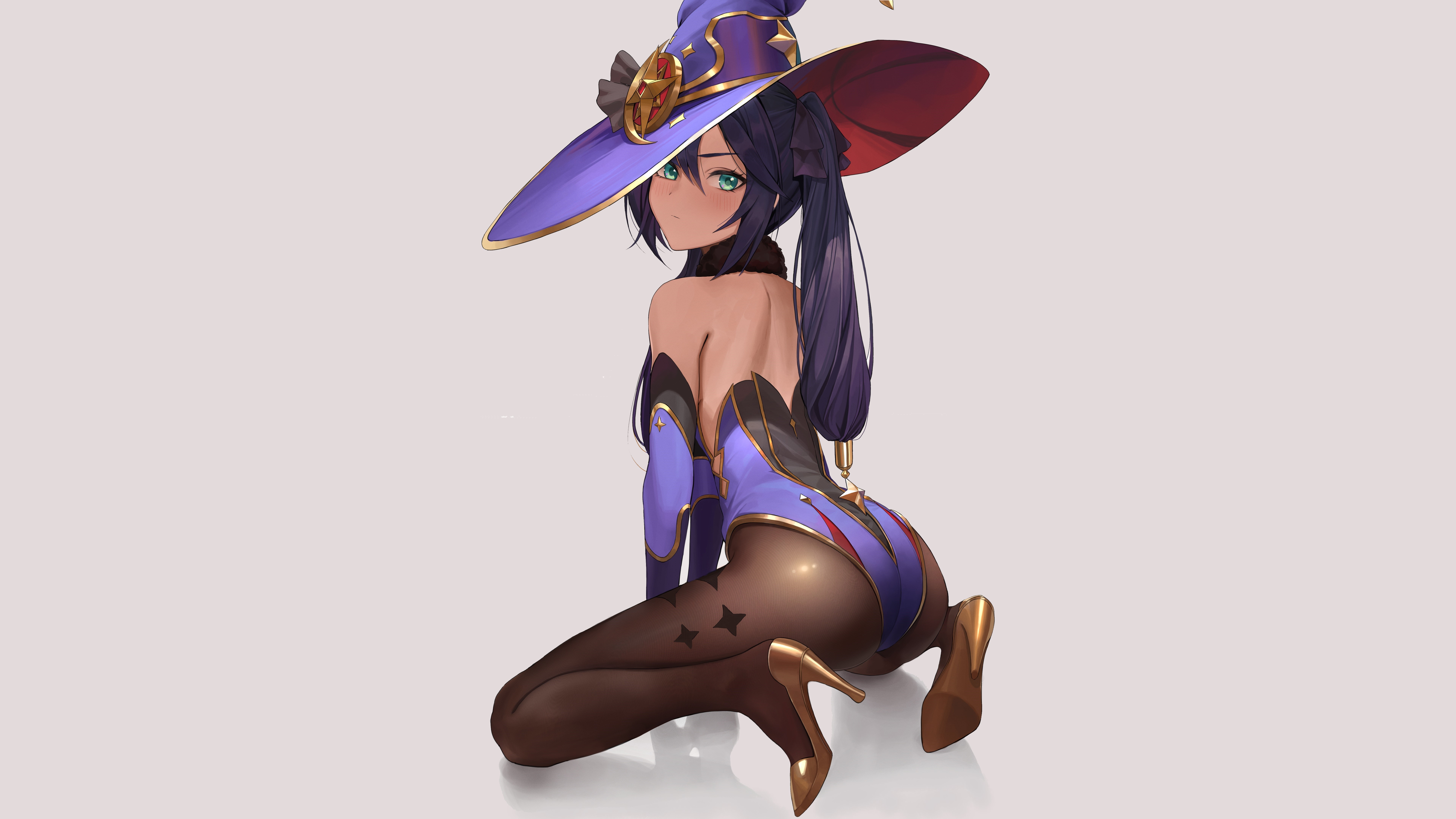 Anime 7684x4322 Genshin Impact Mona (Genshin Impact) anime anime girls video game girls simple background looking at viewer witch witch hat bareback long hair purple hair leotard bodysuit stockings high heels arched back ass thighs gloves