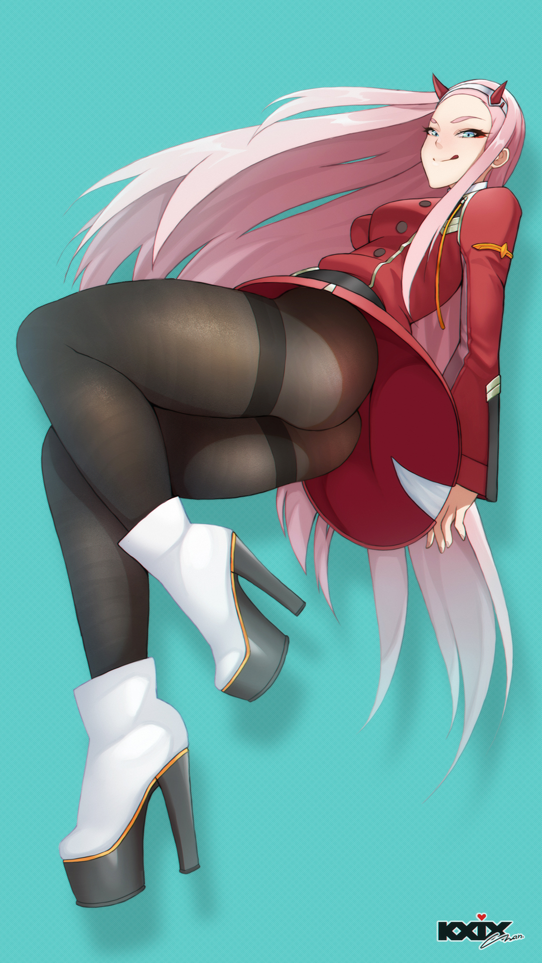 Anime 1080x1920 Darling in the FranXX horns small boobs pantyhose upskirt tongue out blue eyes thighs white high heels long hair underboob Zero Two (Darling in the FranXX) pink hair anime girls smiling makeup arm(s) behind back ass 2D portrait display anime red dress ecchi looking at viewer looking below blushing blue background simple background fan art artwork k19chan cyan background