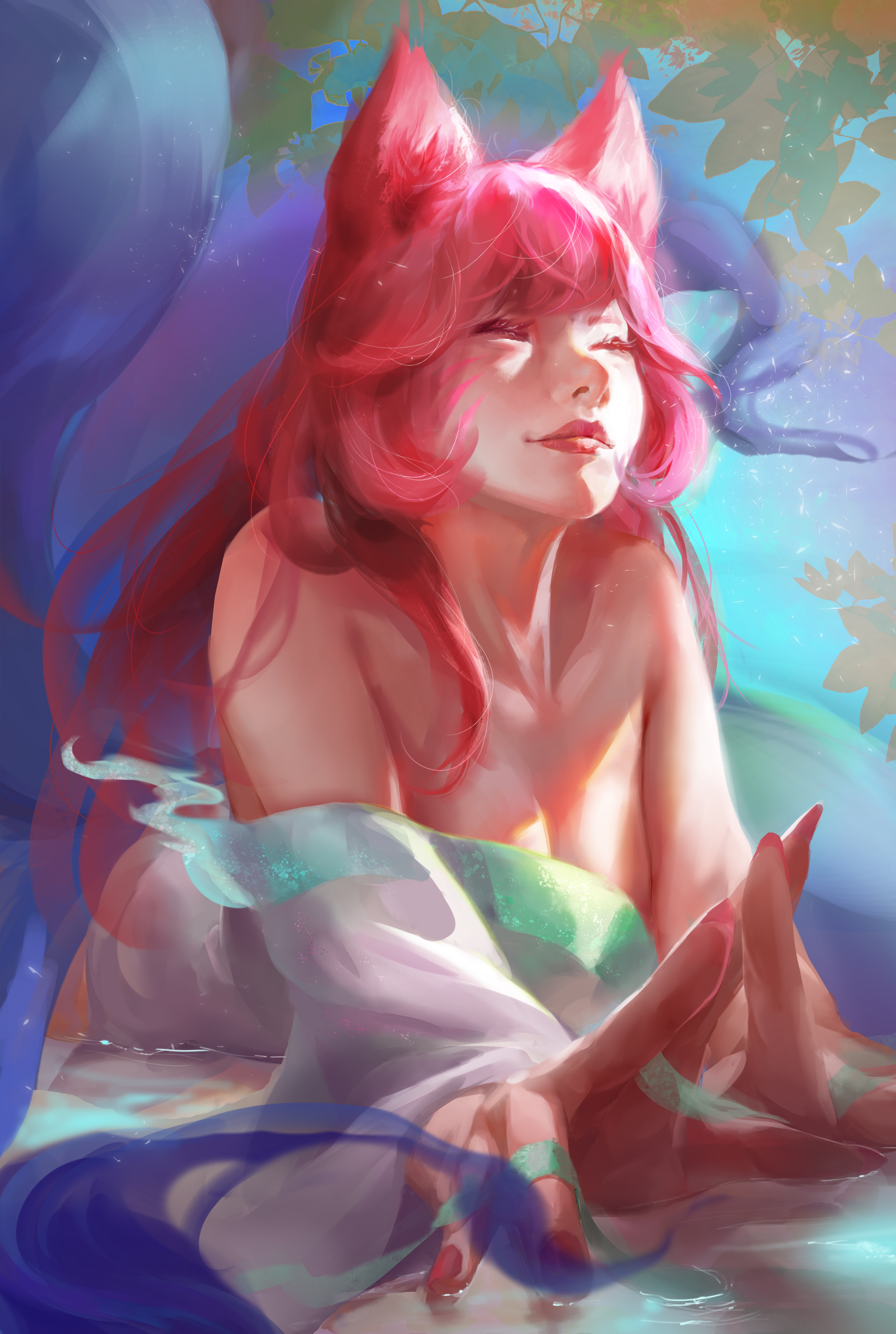 General 4000x5956 Ahri (League of Legends) League of Legends fantasy girl video games video game girls kimono video game characters fox girl pink hair bangs closed eyes stretching bare shoulders cleavage artwork drawing digital art illustration fan art