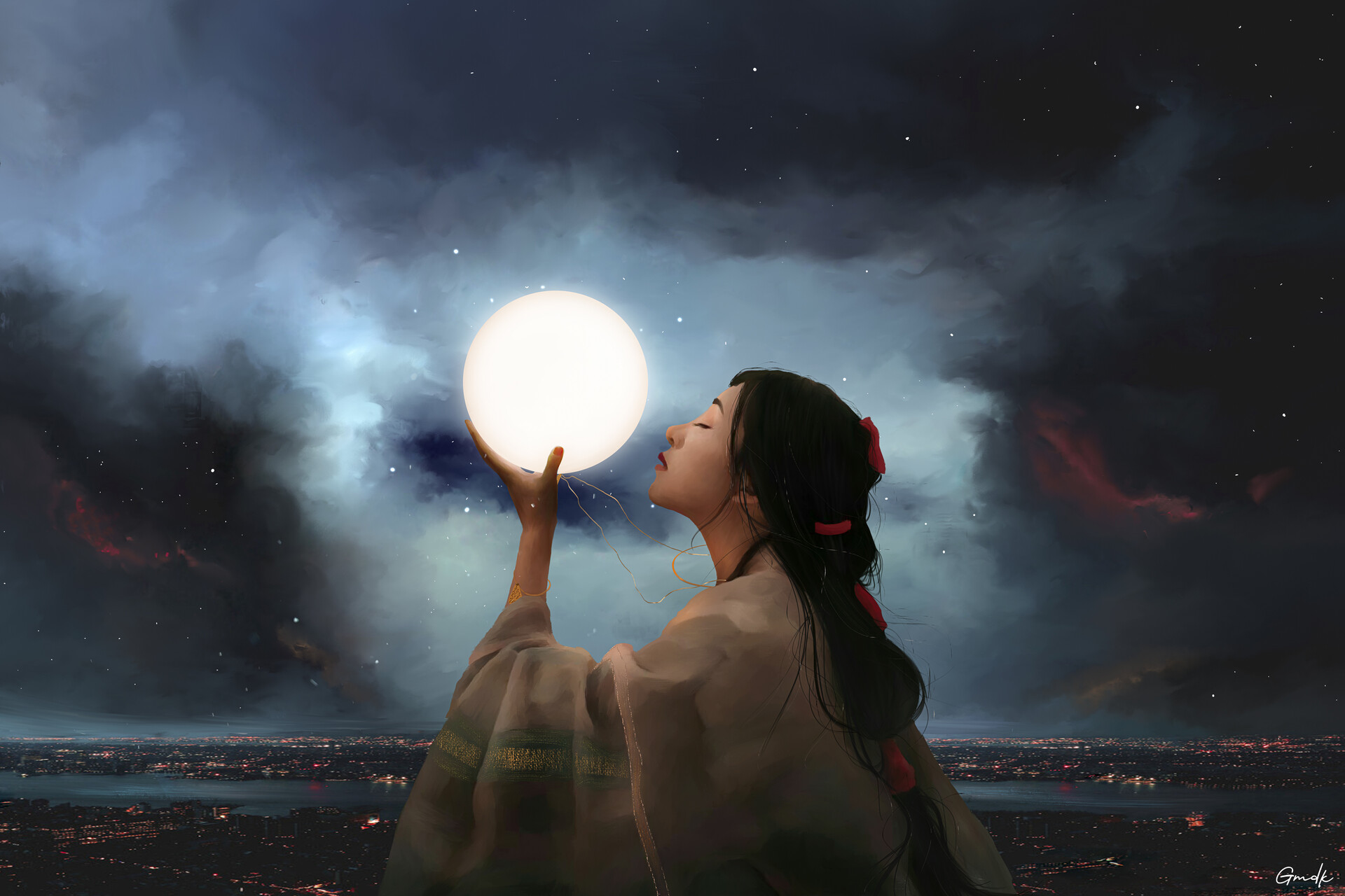 General 1920x1280 Gmdk digital art digital painting artwork women lightning moonlight city closed eyes hanfu full moon