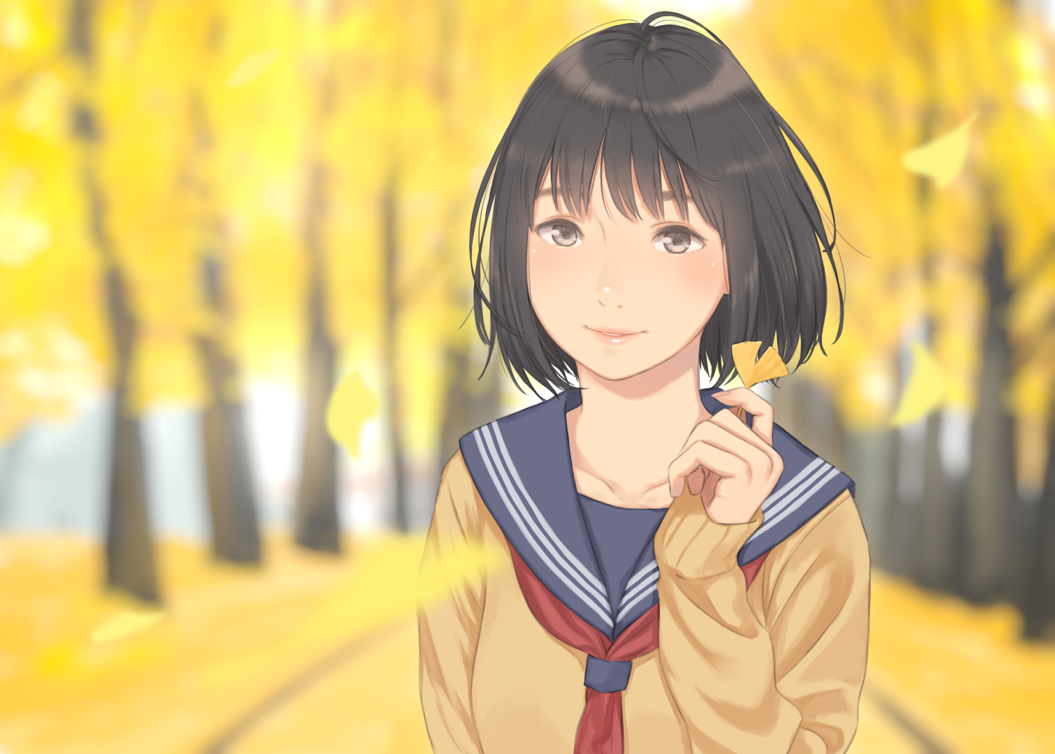 Anime 1511x1080 anime anime girls short hair fall black hair smiling looking at viewer long nails trees sailor uniform