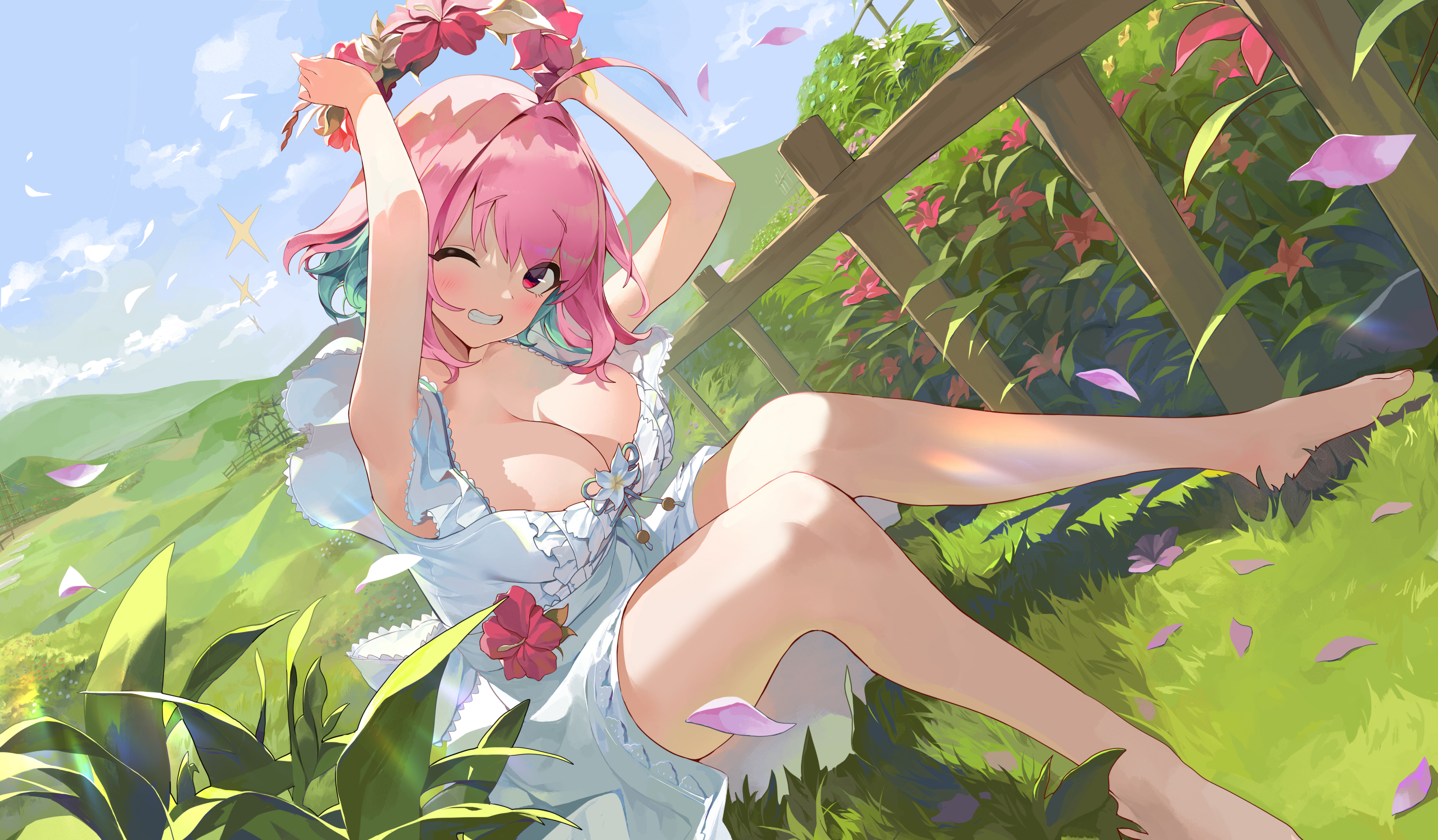 Anime 3000x1753 anime anime girls legs sitting dress THE iDOLM@STER THE iDOLM@STER: Cinderella Girls Riamu Yumemi Bsue armpits red eyes pink hair bent legs multi-colored hair bob hairstyle arms up white dress one eye closed grass flowers plants petals looking at viewer smiling thick eyelashes blushing thin arms wreaths field clouds green hair sun dress outdoors women outdoors
