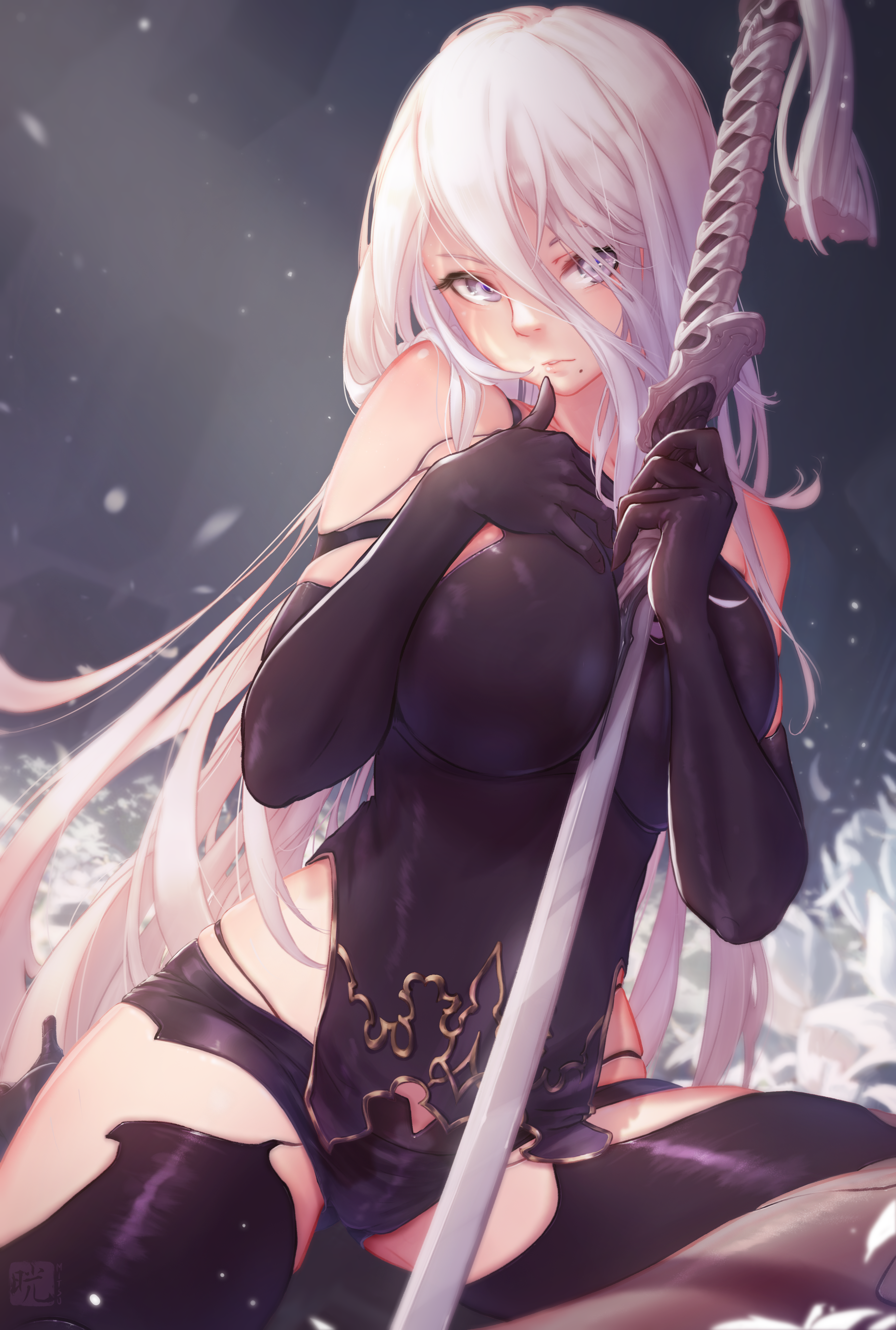 Anime 2760x4096 A2 (Nier: Automata) Nier: Automata video games video game girls video game characters long hair white hair looking at viewer black clothing short shorts thigh-highs thick thigh wide hips katana weapon portrait display vertical artwork drawing digital art illustration fan art Mitsu parted lips moles