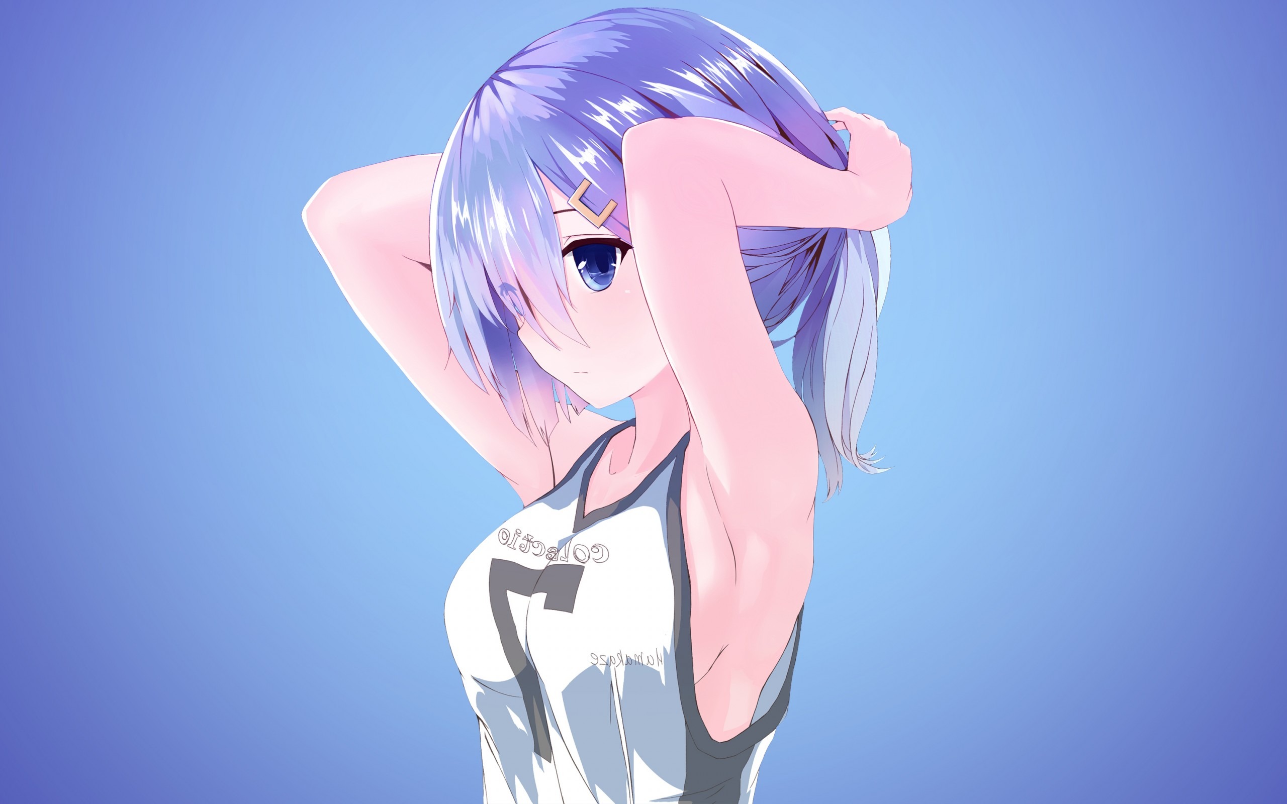Anime 2560x1600 anime anime girls gradient purple background simple background hair in face blue eyes boobs arms up looking away Hamakaze (KanColle)  Kantai Collection blue hair