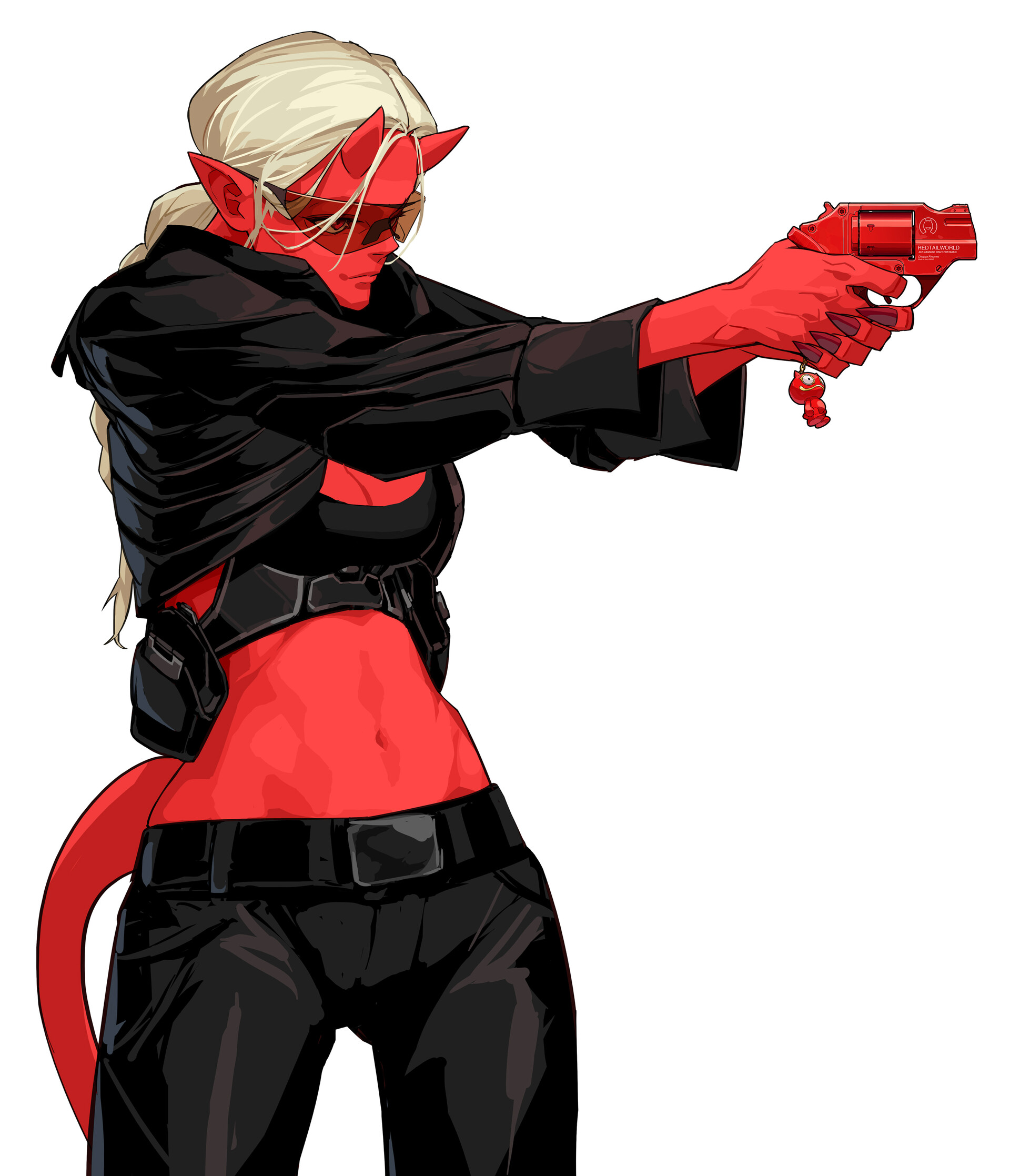 General 1920x2235 Yuho Kim women demon girls gun weapon girls with guns belly bra simple background white background horns blonde pointy ears tail aiming