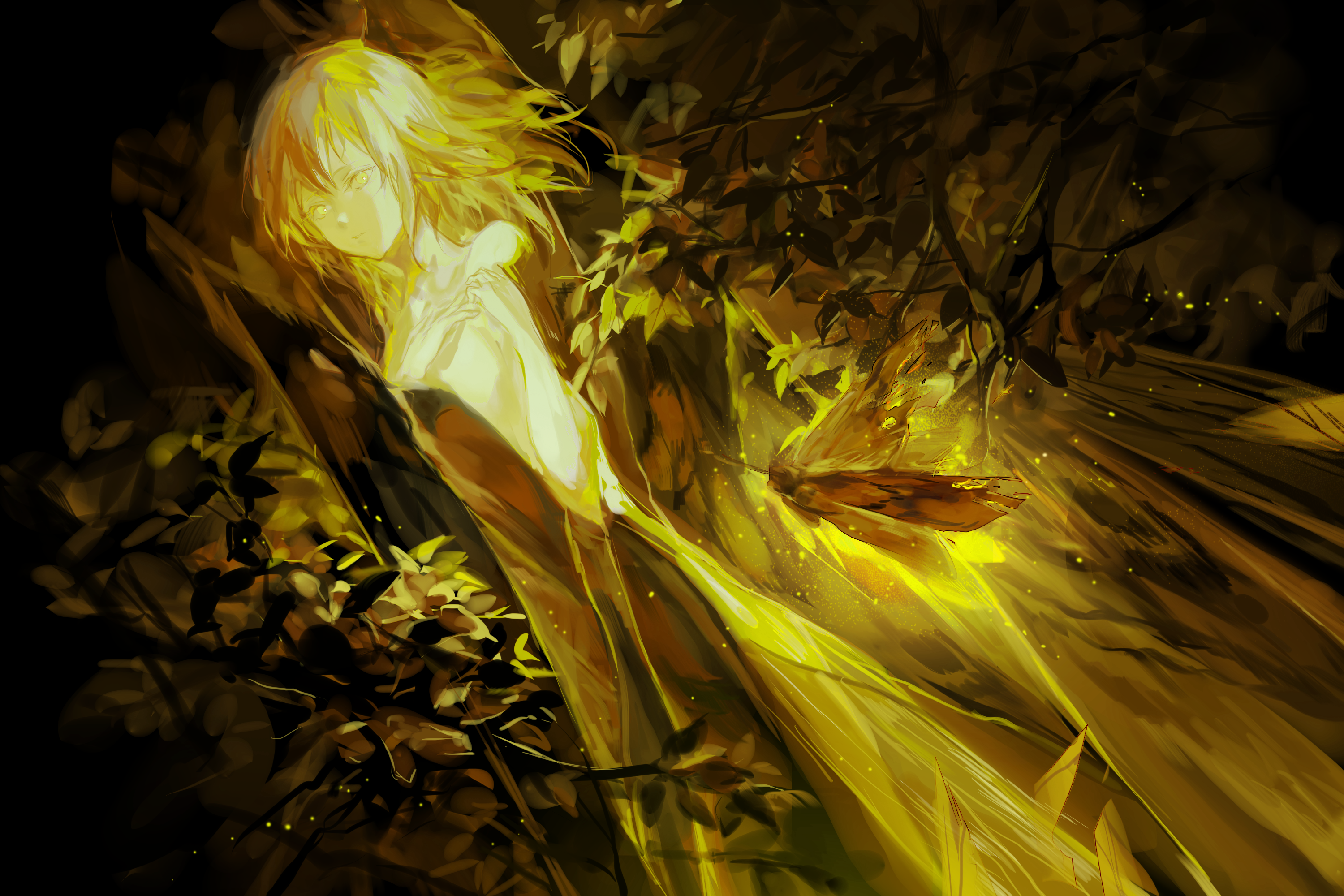 Anime 3000x2000 anime anime girls trees petals moth long hair blonde yellow eyes