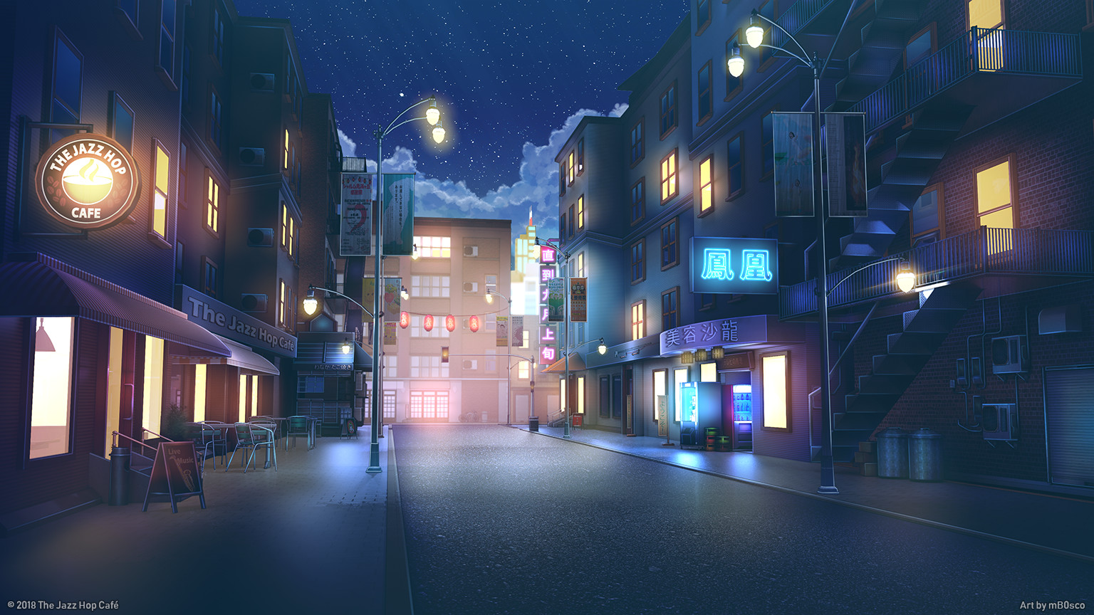 Anime 1536x864 Bogdan mB0sco digital art starry night night street neon sign cafe street light