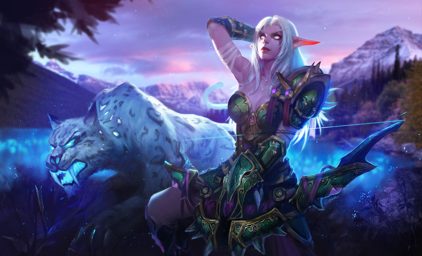 General 1600x971 artwork fantasy art women elves tiger white tigers World of Warcraft